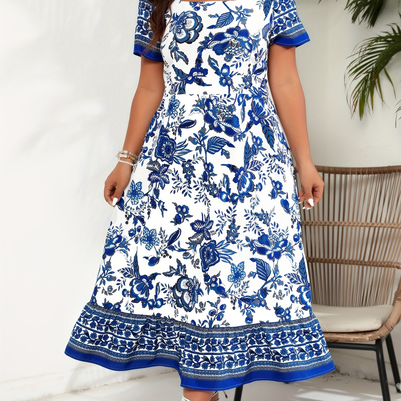 

Plus Size Green Flower Print Dress, Ethnic Style Square Neck Short Sleeve Midi Dress For Spring & Summer, Women's Plus Size Clothing