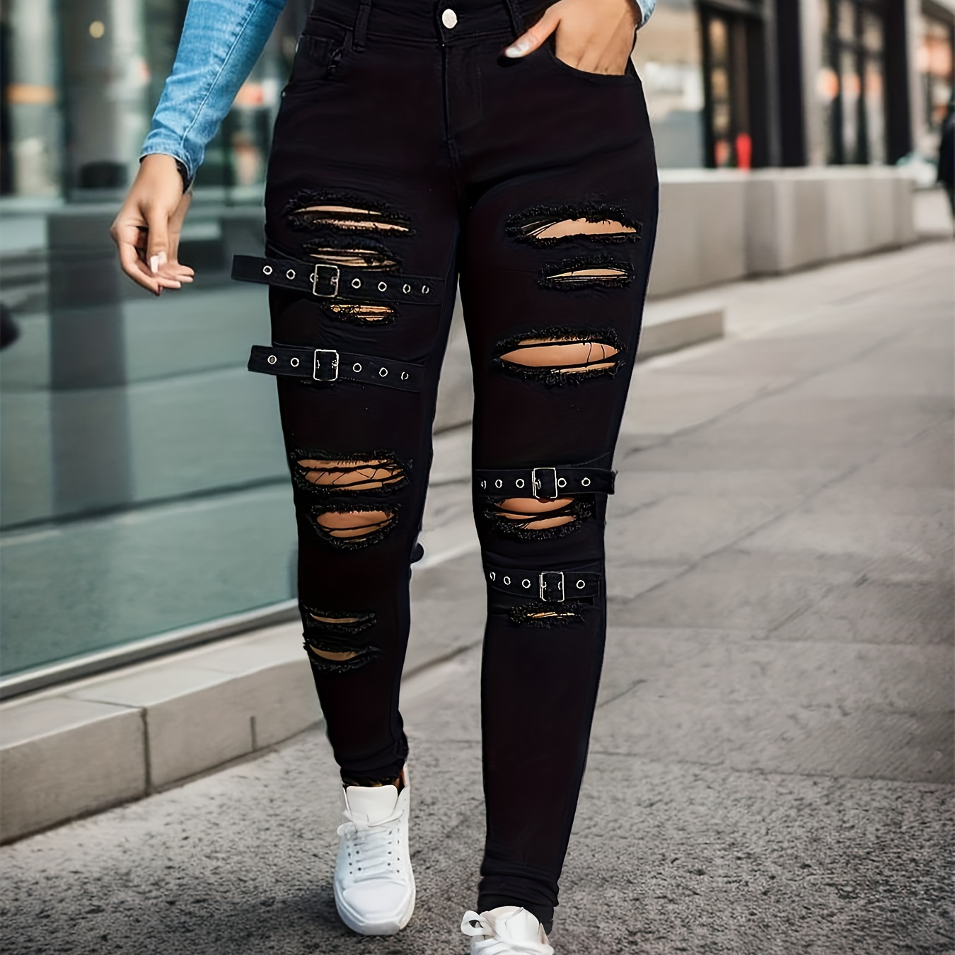 High Waist Ripped Eyelet Buckled Detail Skinny Jeans Womens Jeans (Color :  Medium Wash, Size : L.)