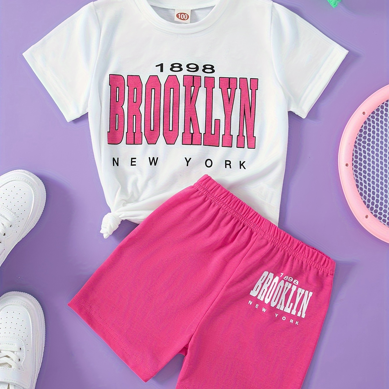 

Girls 2pcs Brooklyn Print Short Sleeve Top + Letter Shorts Set, Casual Sporty 2-piece Summer Outfit For Girls