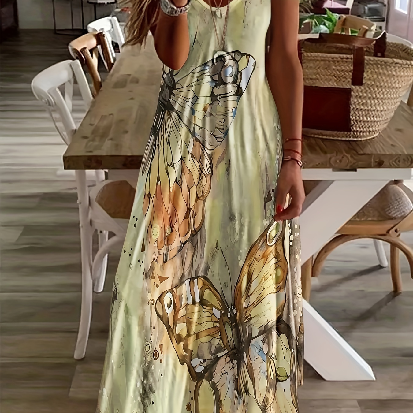 

Chic Print V-neck Maxi Dress For Women - Casual , Breathable Polyester, Machine Washable