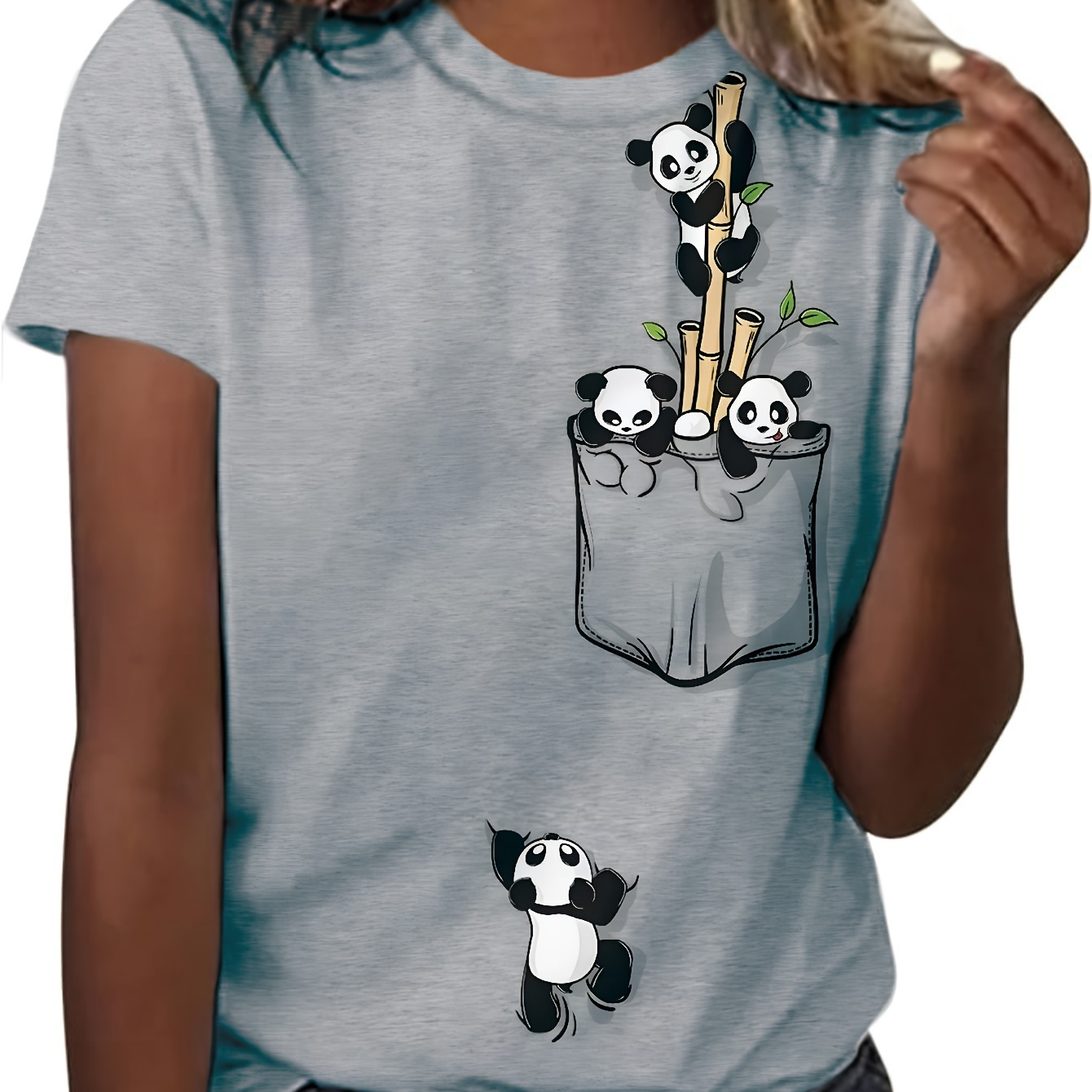 

Panda Print Crew Neck T-shirt, Casual Short Sleeve Top For Spring & Summer, Women's Clothing