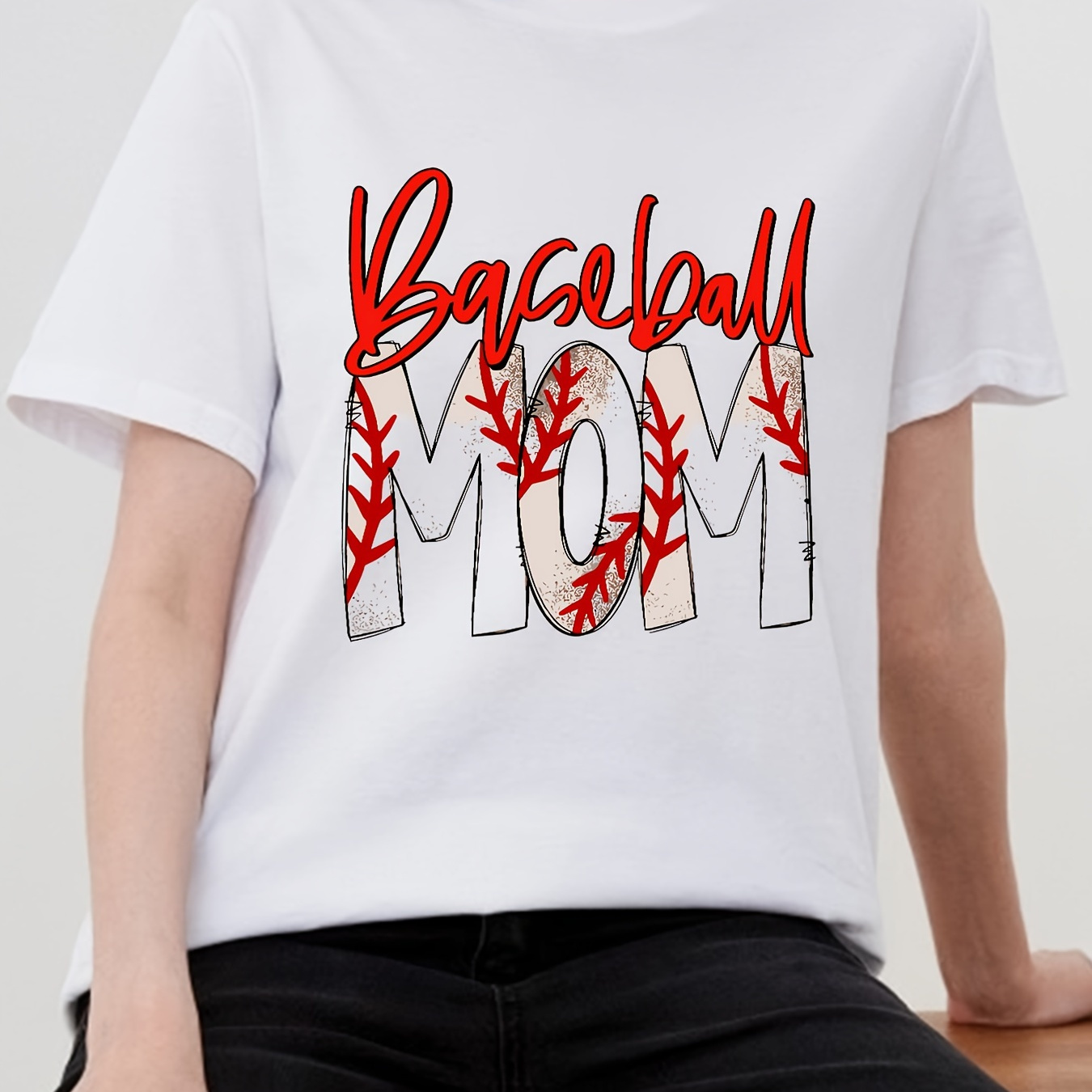 

Baseball Mom Graphic Short Sleeve Tops, Round Neck Causal Sports T-shirt, Women's Activewear