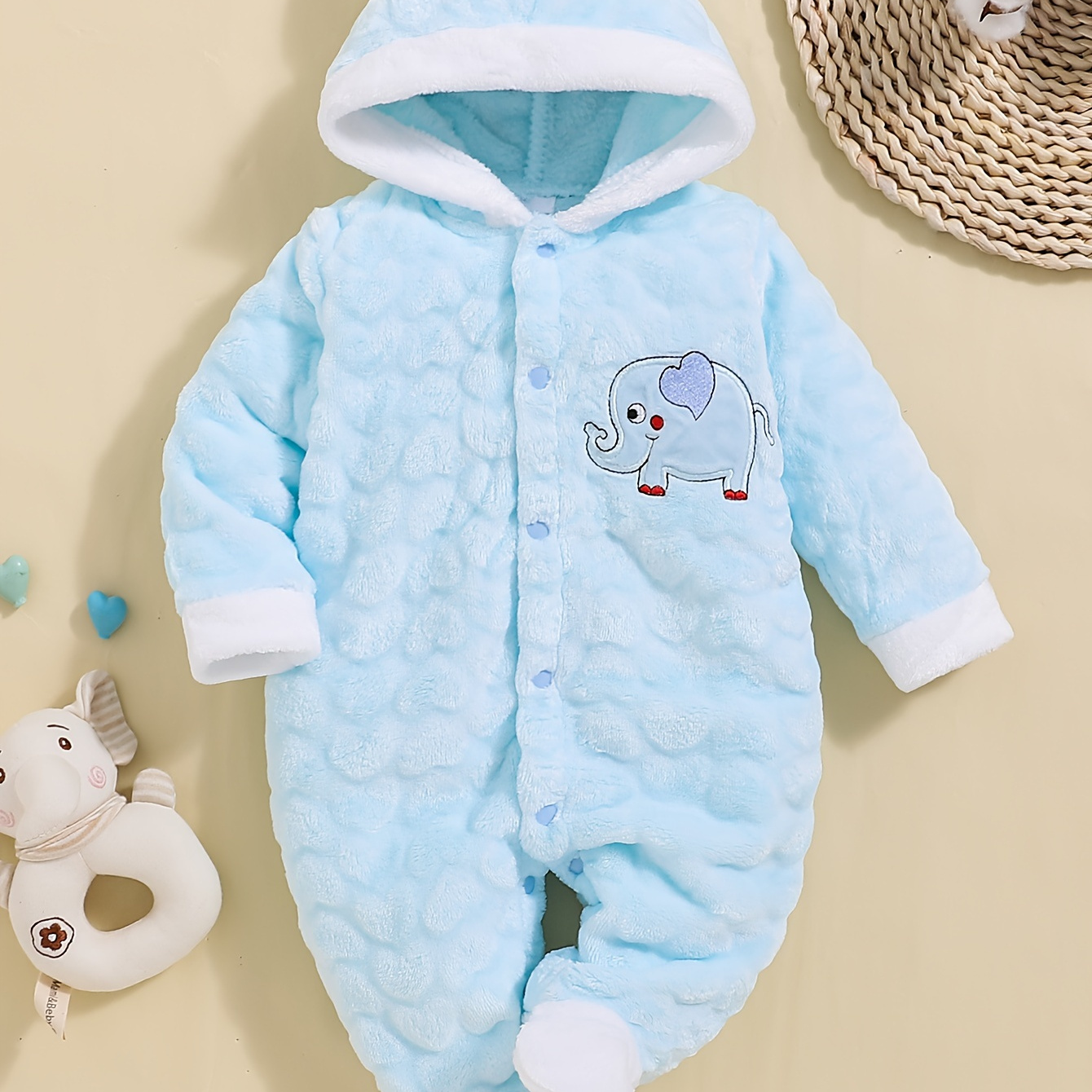 

Adorable Cartoon Bear Fleece Hooded Romper For Newborns - Cozy Winter Jumpsuit, Machine Washable