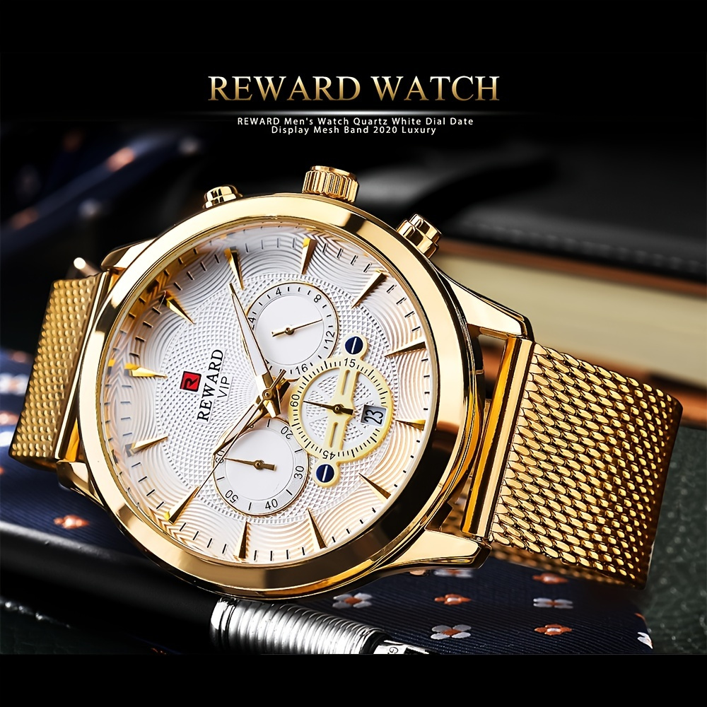 

1pc Reward Men's Watch, Chronograph Luminous Golden Watch, Stainless Steel Strap, Ideal Choice For Gifts
