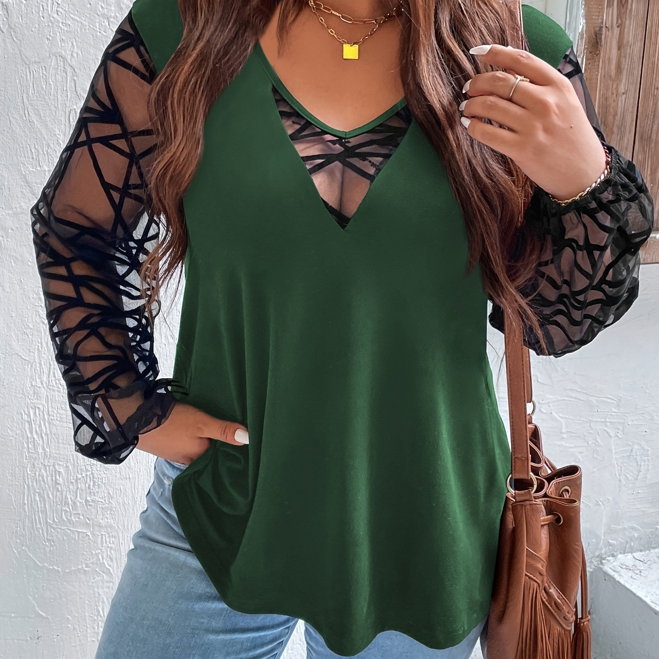 

Women's Sexy Top, Plus Size Colorblock Contrast Mesh Lantern Sleeve V Neck Slight Stretch Top