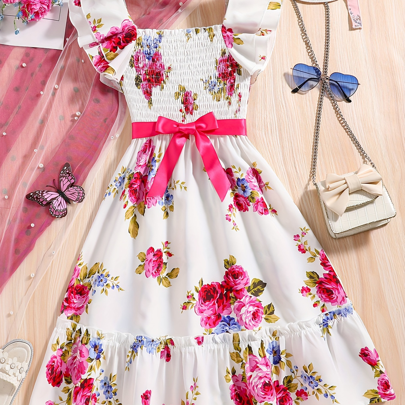 

Sweet Flora Graphic Ruffle Trim Sleeveless Dress For Girls Summer Party