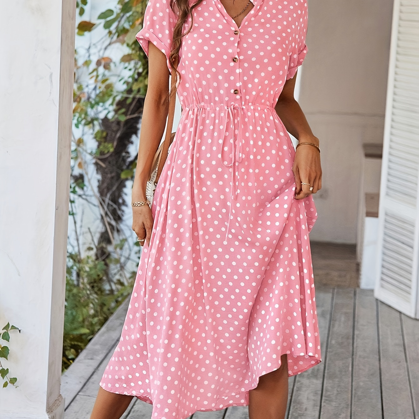 

Polka Dot Print V Neck Dress, Elegant Short Sleeve A-line Dress For Spring & Summer, Women's Clothing