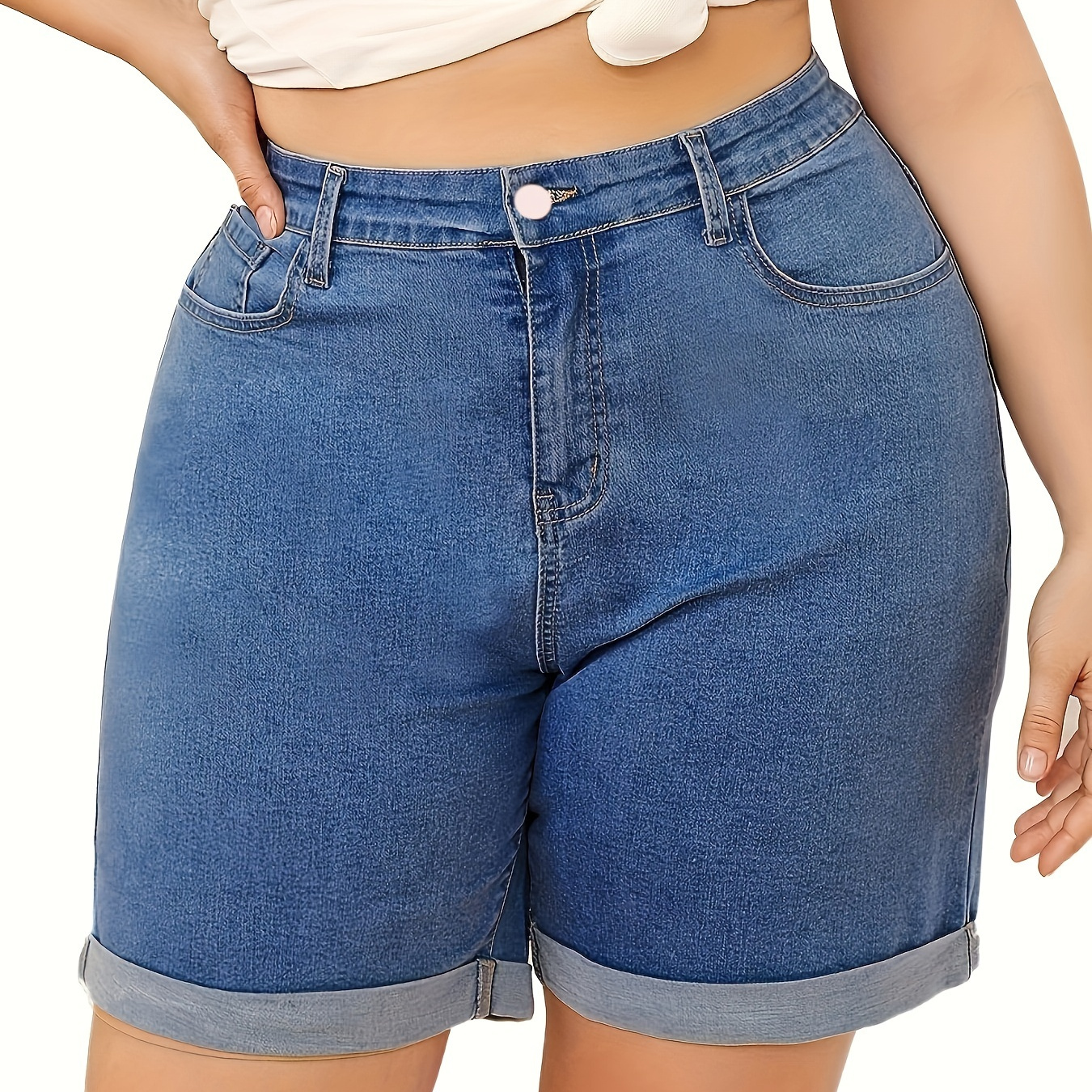 

Women's Plus Size Casual Denim Shorts, High Waist, Stretch, Summer Folded Roll Up Hem Jean Shorts, Relaxed Fit