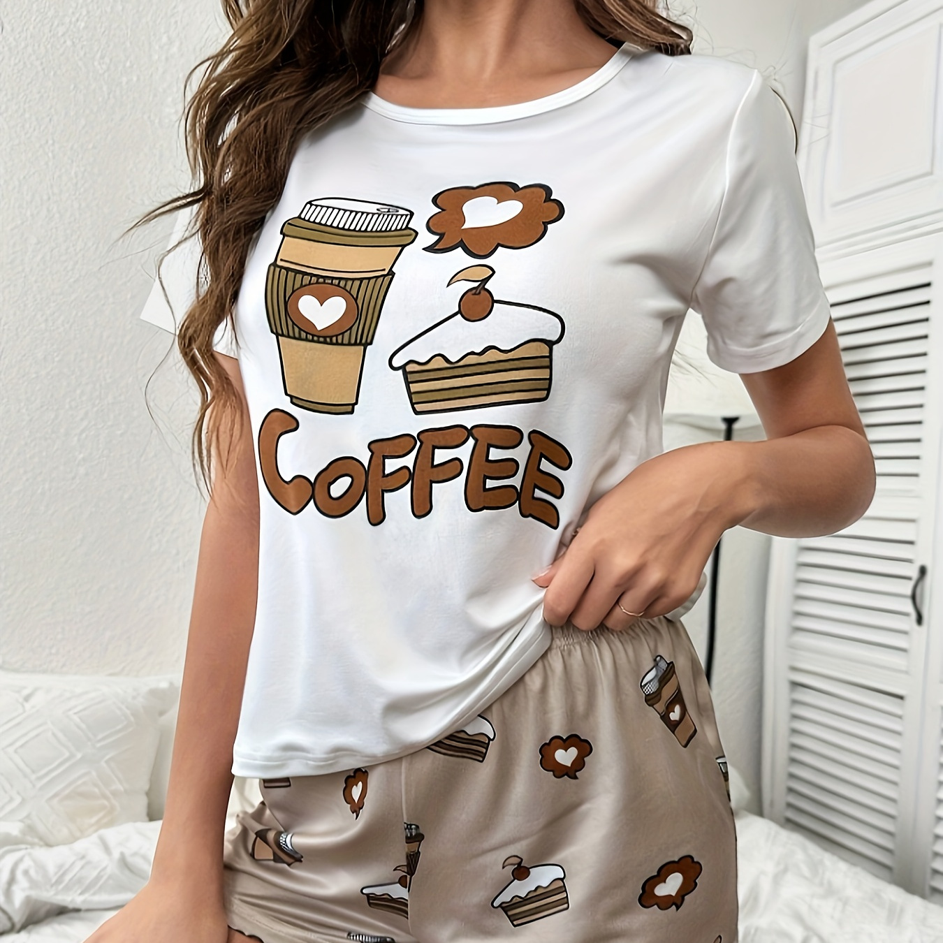 

Coffee & Cake & Letter Print Pajama Set, Casual Short Sleeve Round Neck Top & Elastic Shorts, Women's Sleepwear