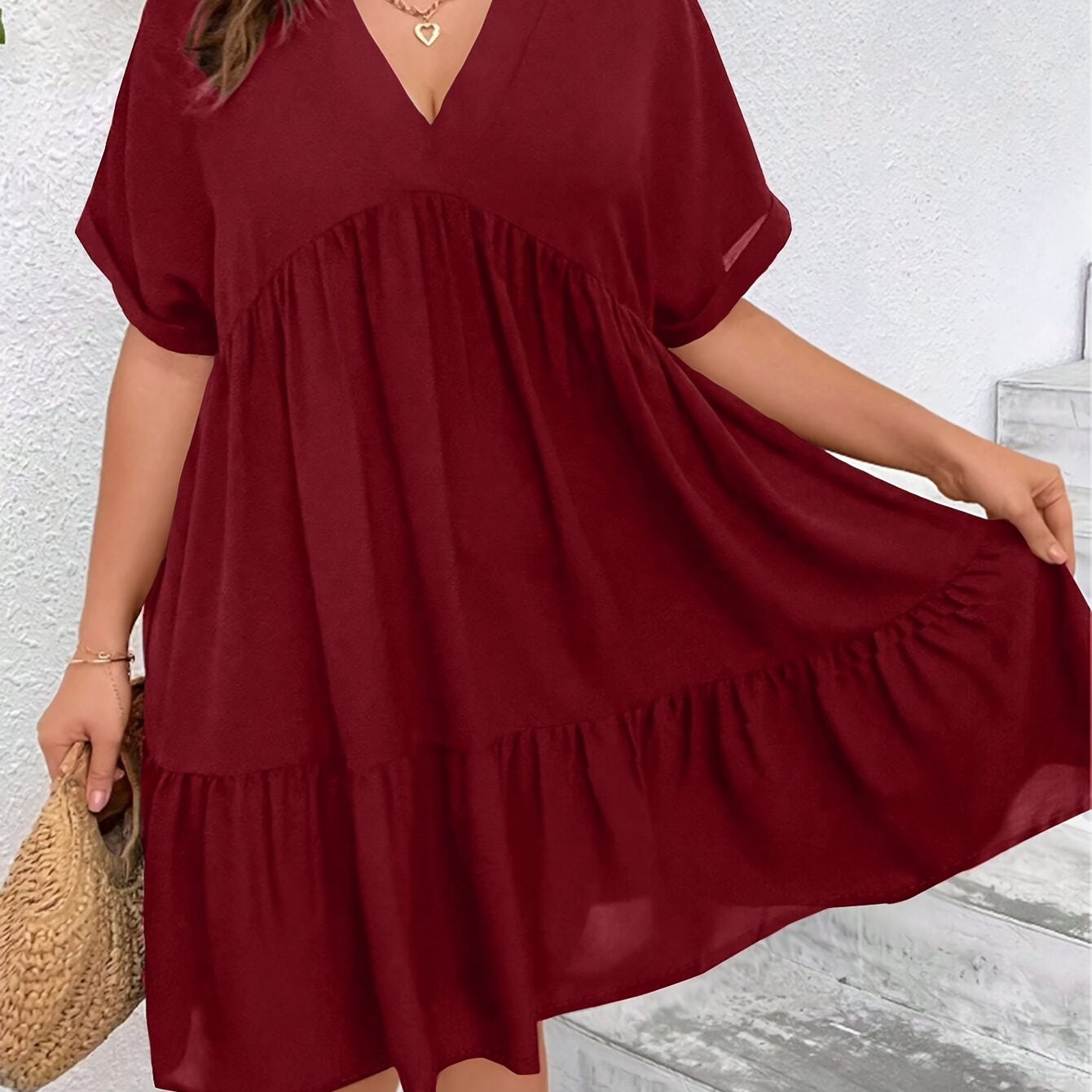 

Plus Size Solid V Neck Dress, Casual Ruffle Hem Short Sleeve Midi Dress For Spring & Summer, Women's Plus Size Clothing