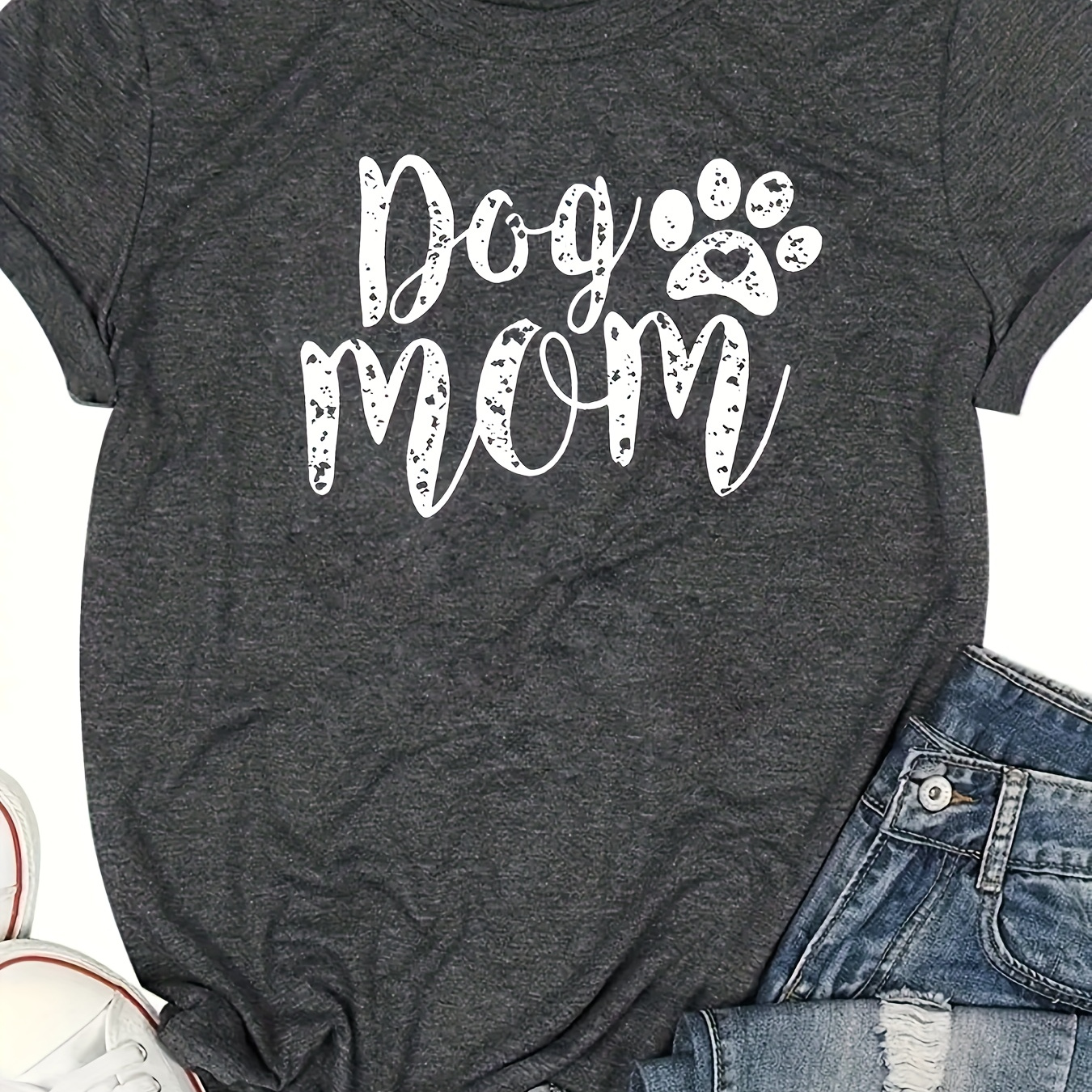 

Dog Mom Print Crew Neck T-shirt, Casual Short Sleeve Top For Spring & Summer, Women's Clothing