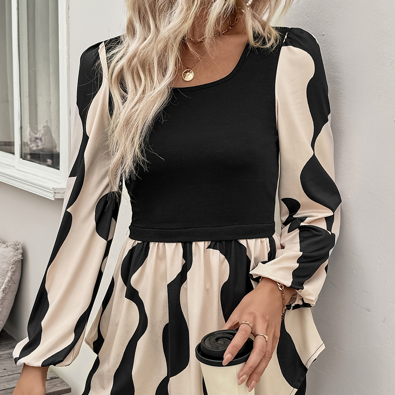 

Abstract Print 2 In 1 Blouse, Elegant Neck Long Sleeve Flare Top For Spring & Fall, Women's Clothing