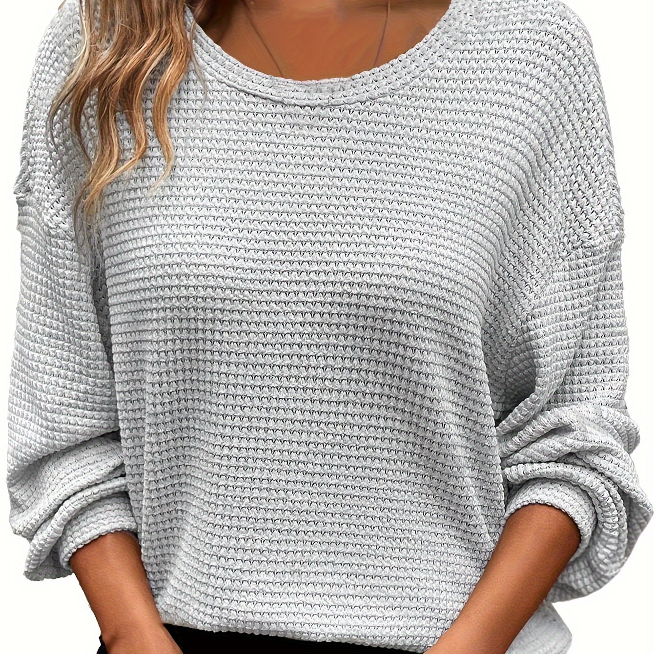 

Plus Size Solid Crew Neck Waffle Pullover Sweatshirt, Casual Long Sleeve Sweatshirt For Fall & Winter, Women's Plus Size Clothing