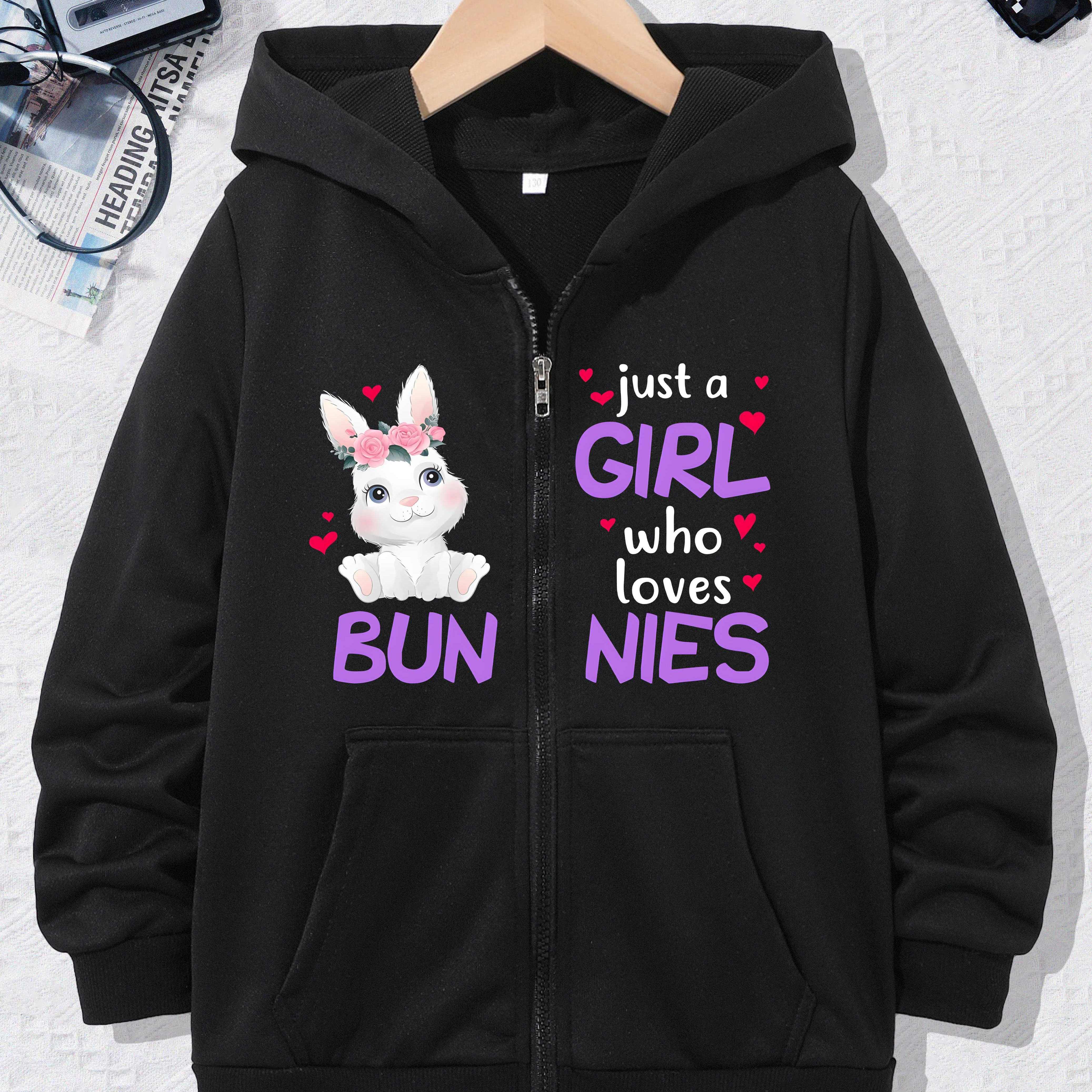 

Just A Girl Who Loves Bunnies Graphic Print, Girls' Casual Hooded Jacket, Long Sleeve Hoodies With Zipper For Fall And Winter