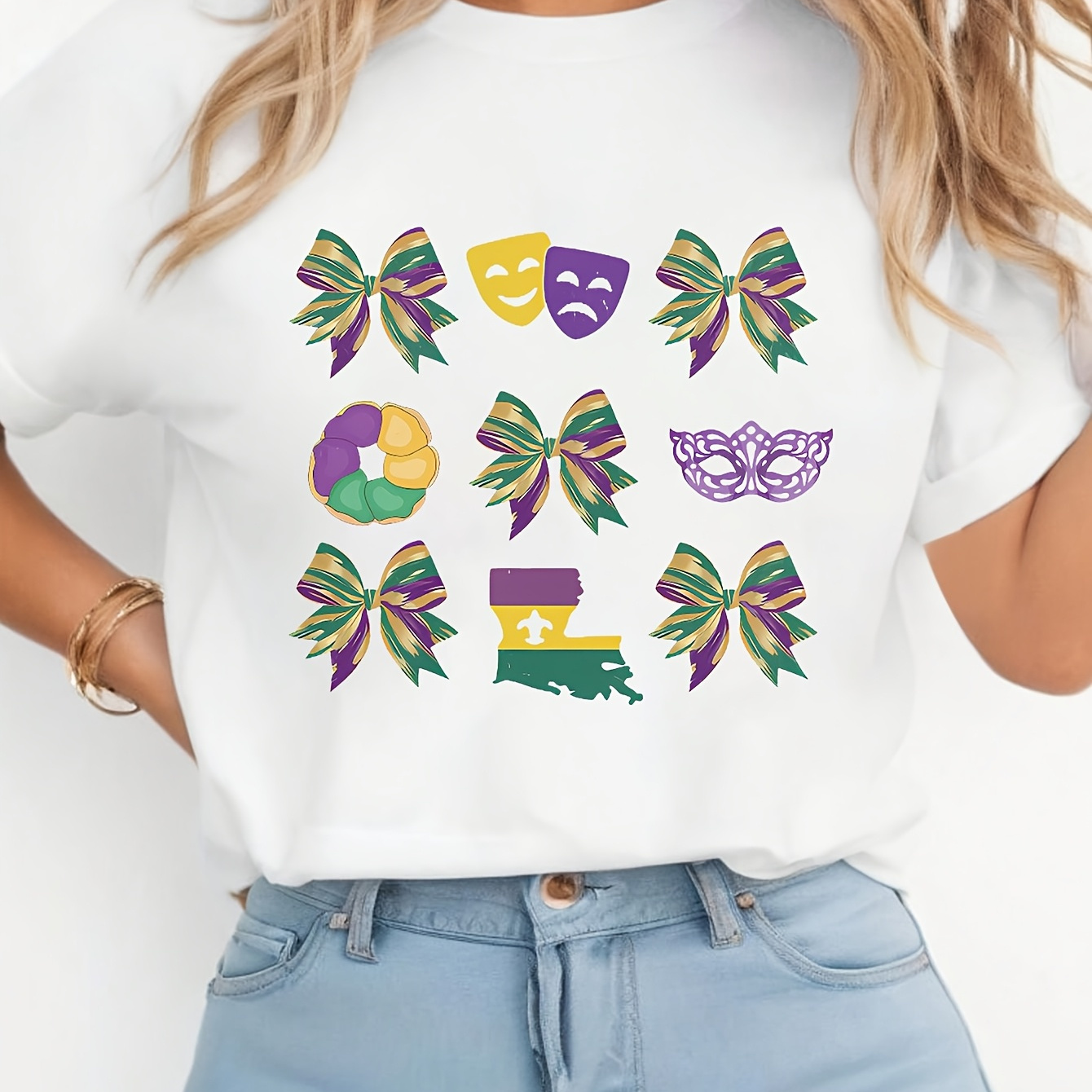 

Mardi Gras Celebration Women's T-shirt - Casual Short Sleeve With Bow & Mask Print, Crew Neck, Breathable Polyester, Knot, Summer Combination Style