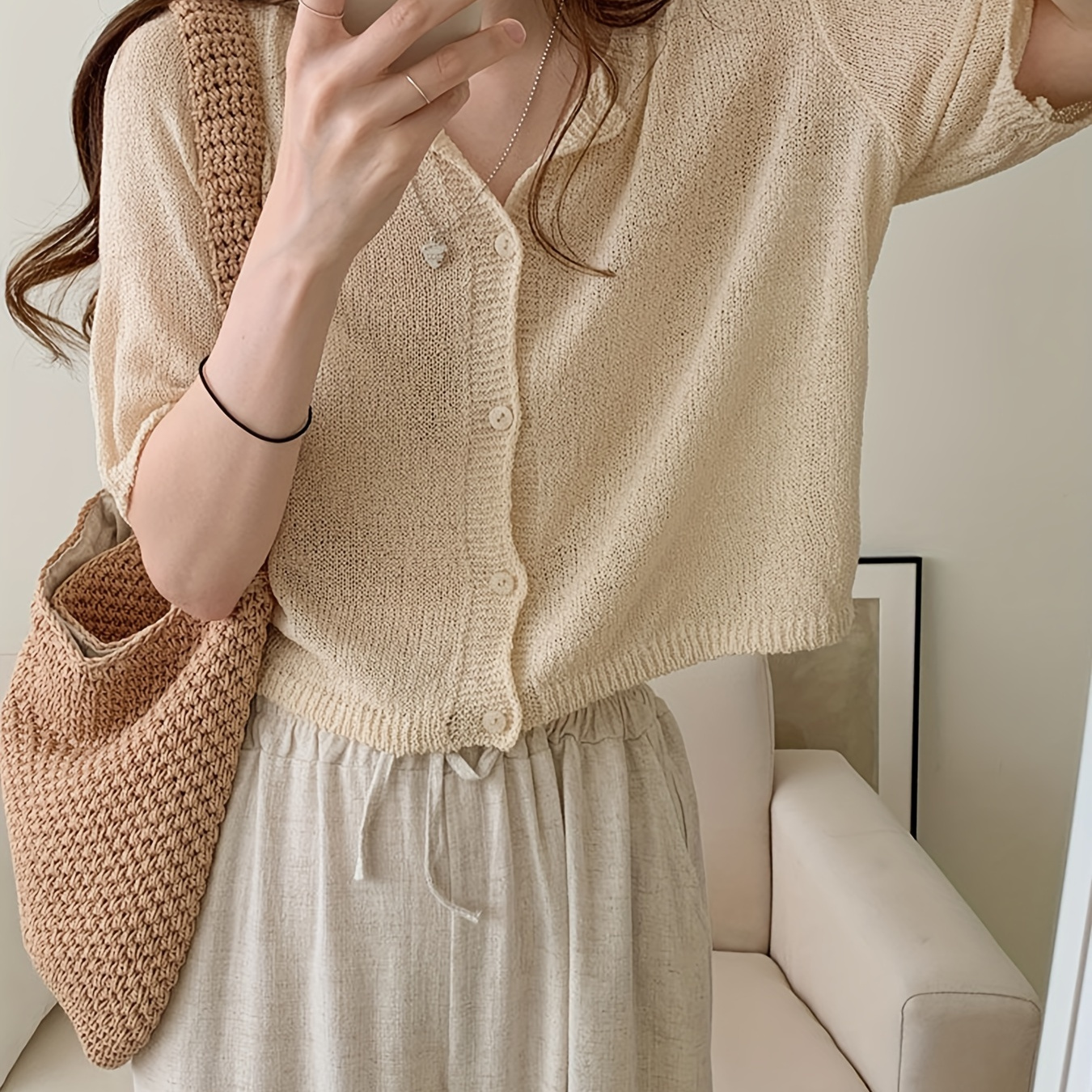

Solid Color Button Front Cardigans, Casual Crew Neck Short Sleeve Crop Knitted Cardigans Top For Spring & Summer, Women's Clothing
