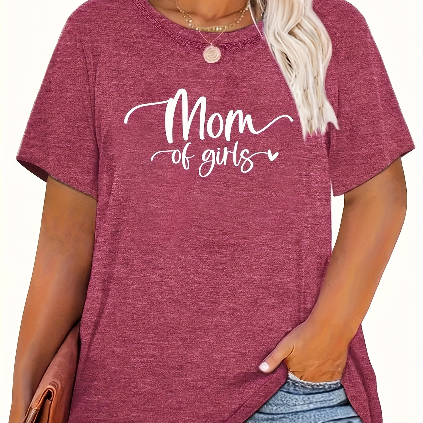 

Plus Size Mom Of Girls Print T-shirt, Comfortable Casual Short Sleeve Crew Neck Top For Summer & Spring, Women's Plus Size Clothing