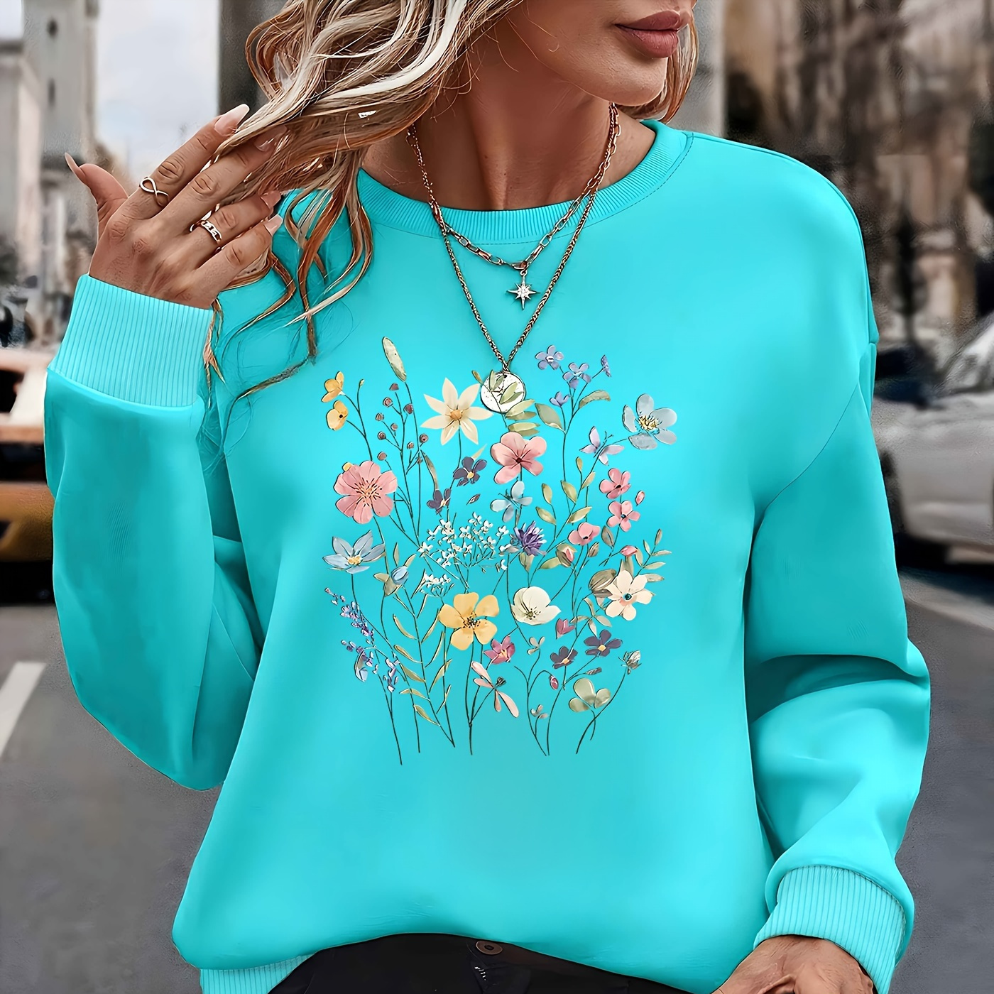 

Elégant sweat-shirt à col rond à manches longues avec imprimé floral - Tissu tricoté % polyester à motif géométrique pour toutes les