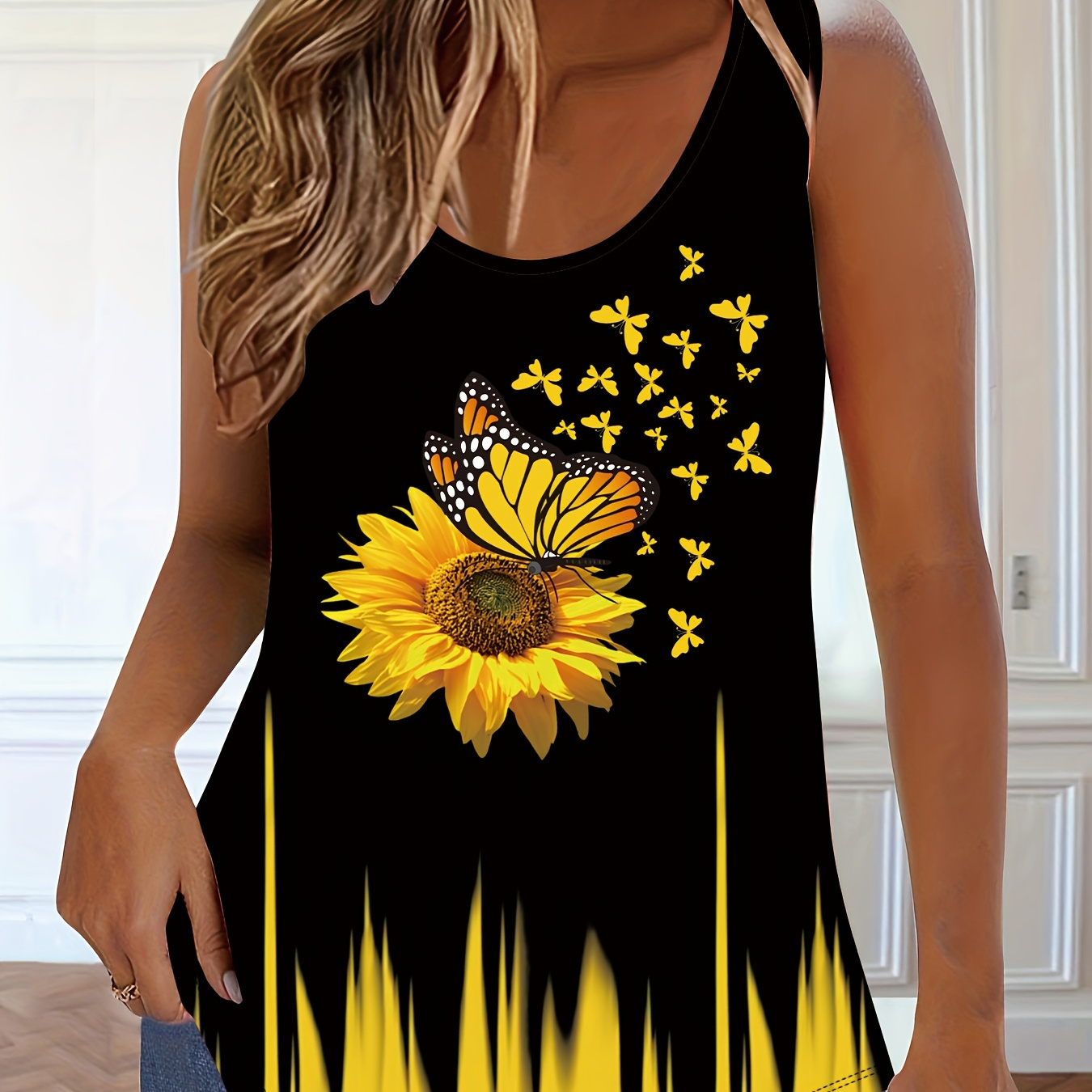 

Plus Size Sunflower & Butterfly Print Tank Top, Casual Sleeveless Crew Neck Top For Summer & Spring, Women's Plus Size Clothing