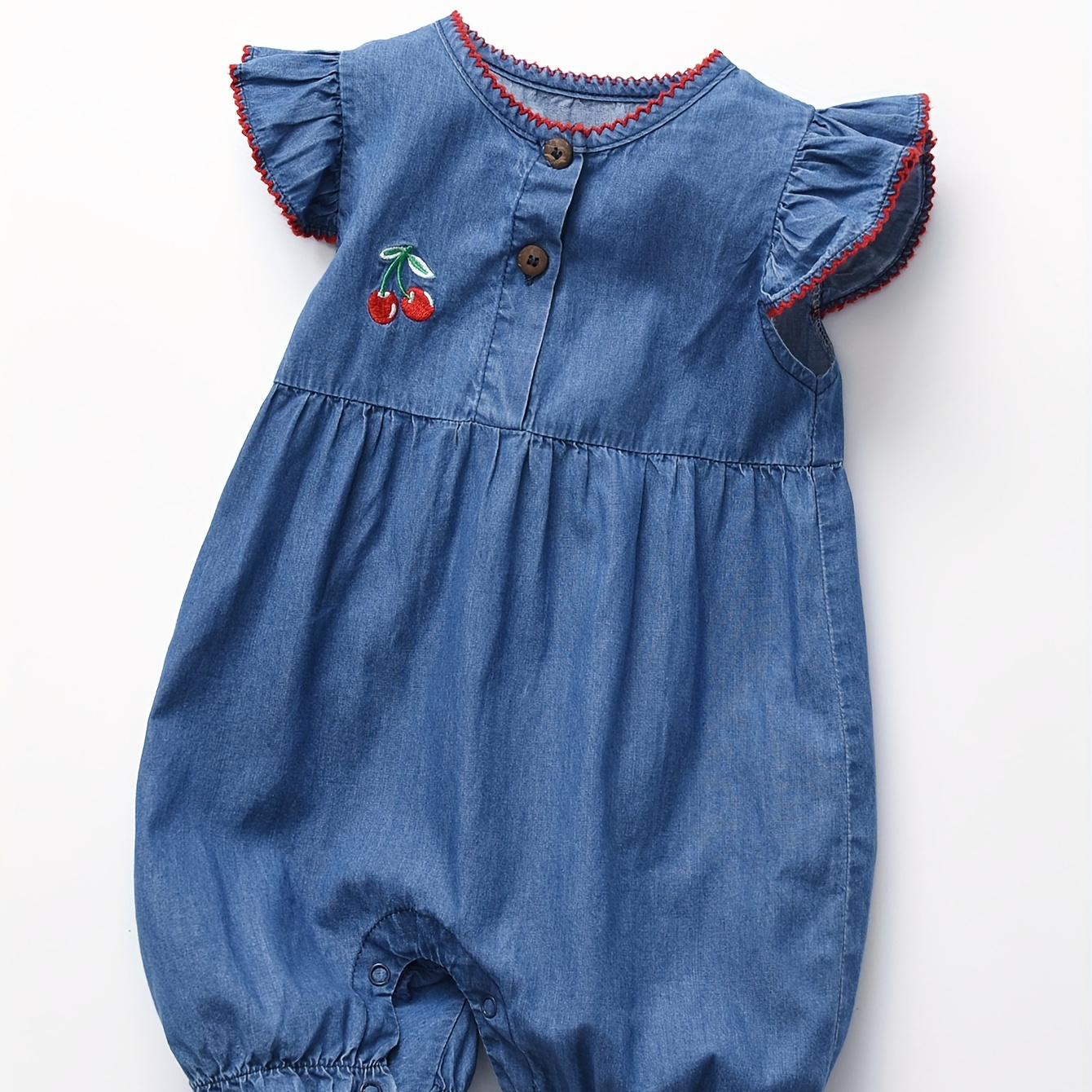 

Baby's Lovely Cherry Embroidered Denim Bodysuit, Casual Cotton Cap Sleeve Romper, Toddler & Infant Girl's Onesie, As Gift
