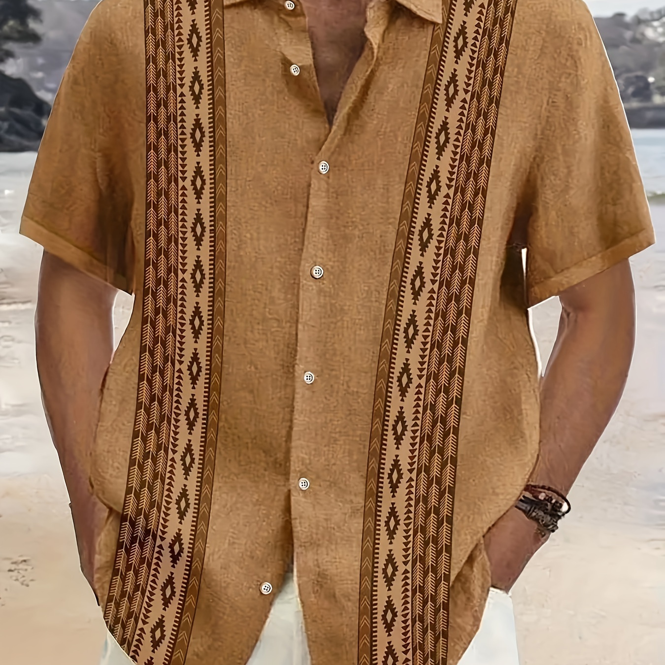 

Vintage Style Men's Creative Print Short Sleeve Button Down Shirt, Summer Holiday