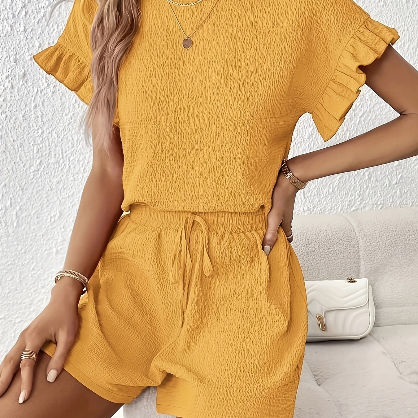 

Solid Color Summer & Spring Casual Two-piece Set, Crew Neck Ruffle Sleeve Top & Drawstring Shorts Outfits, Women's Clothing