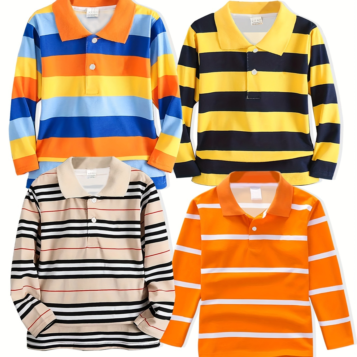 

4pcs Boy's Multi-color Striped Long Sleeve Lapel T-shirt For Summer - Casual Comfy Versatile Stylish Top As Gift