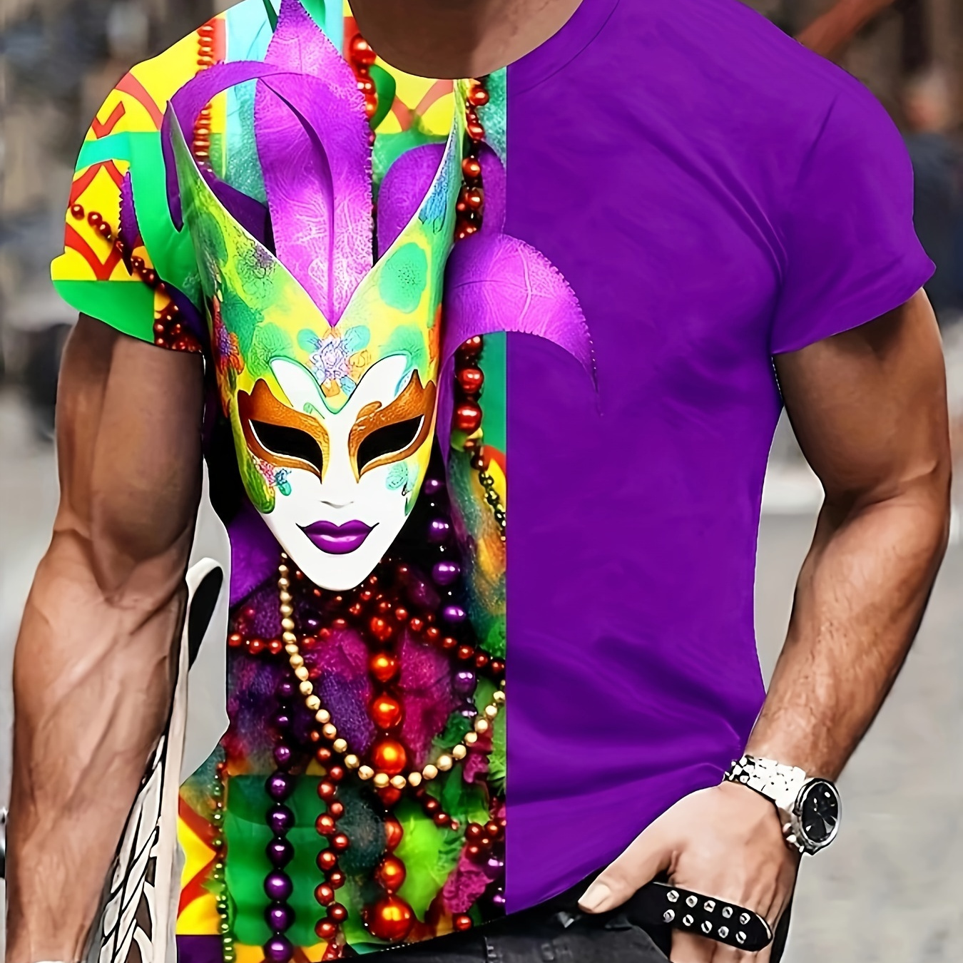 

Mardi Gras Themed Graphic Pattern Men's Novelty Short Sleeve Crew Neck T-shirt, Summer Outdoor