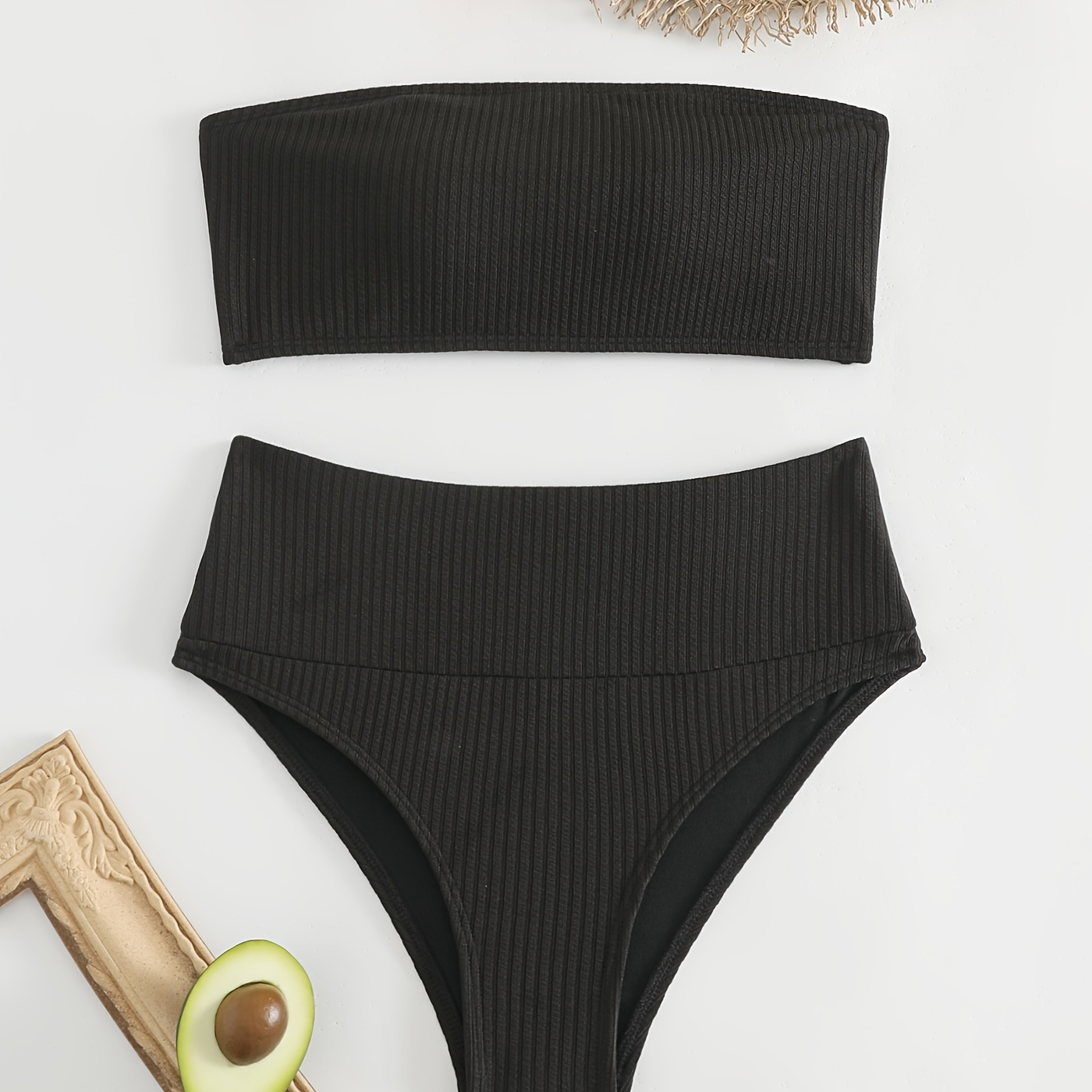 

Plain Black Rib Knit 2 Piece Set Bikini, Bandeau High Waisted Stretchy Swimsuits, Women's Swimwear & Clothing