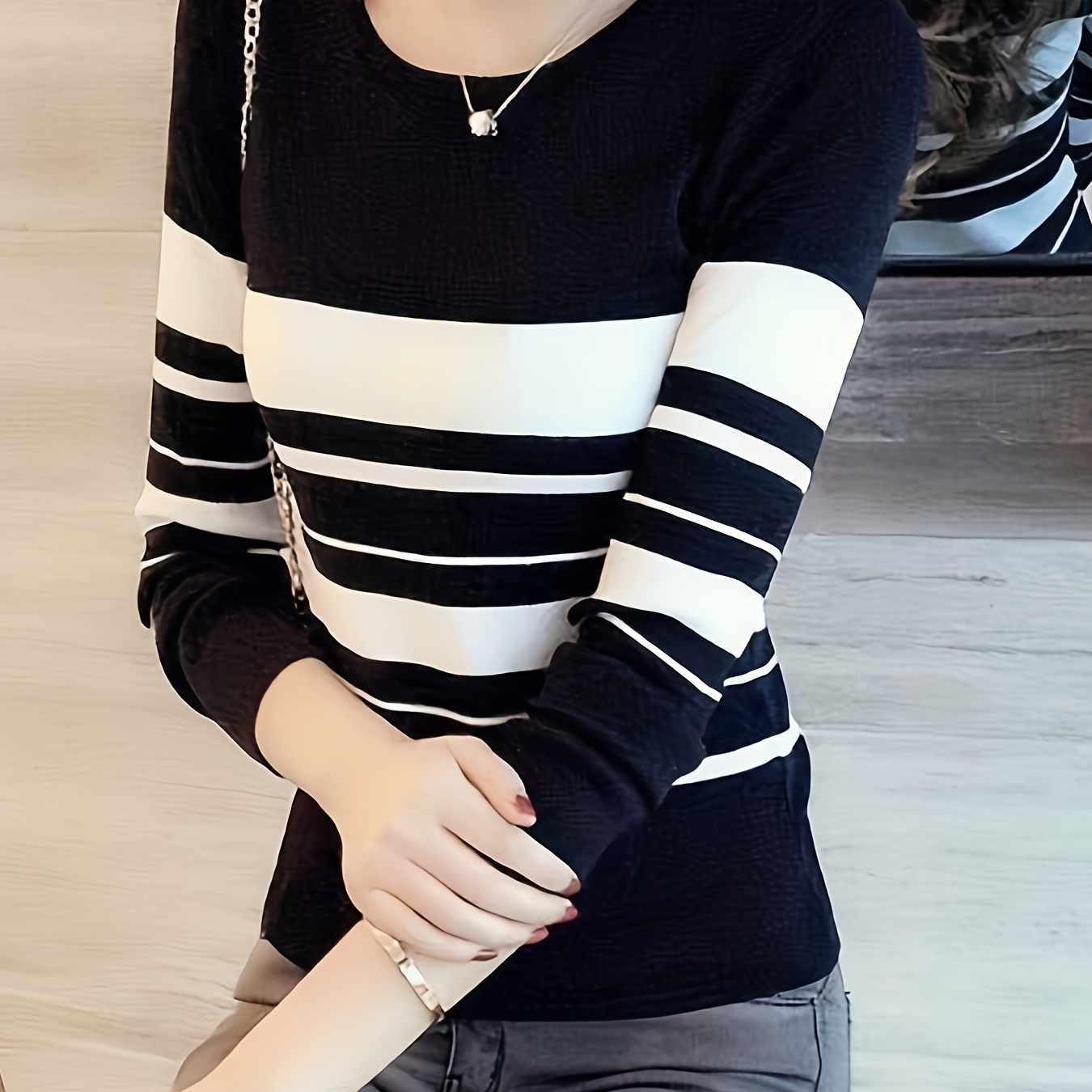 

Striped Color Block Crew Neck Sweater, Elegant Slim Long Sleeve Sweater For Fall & Winter, Women's Clothing