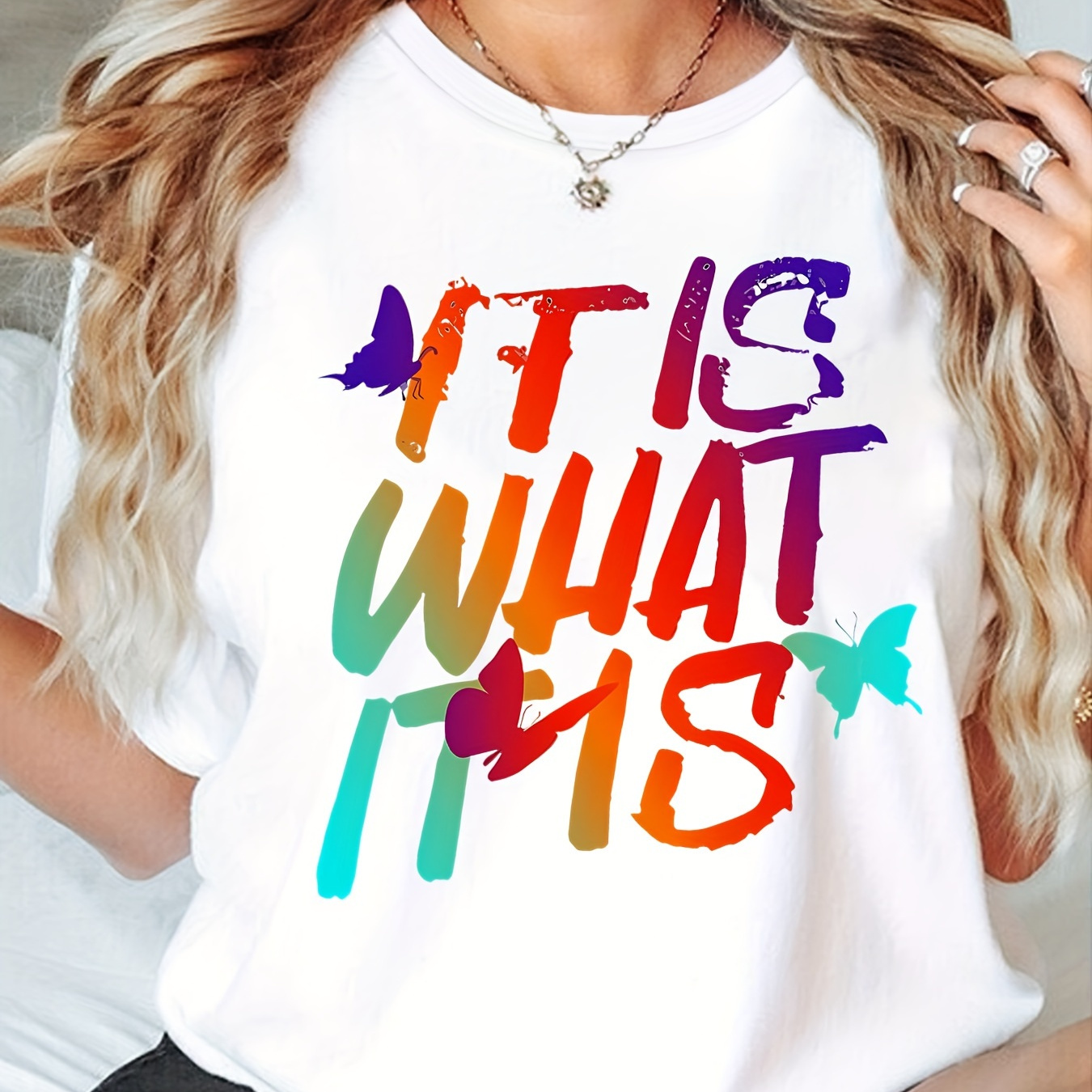 

Women's Letter Summer T-shirt, Crew Neck Short Sleeve Top, Lightweight &