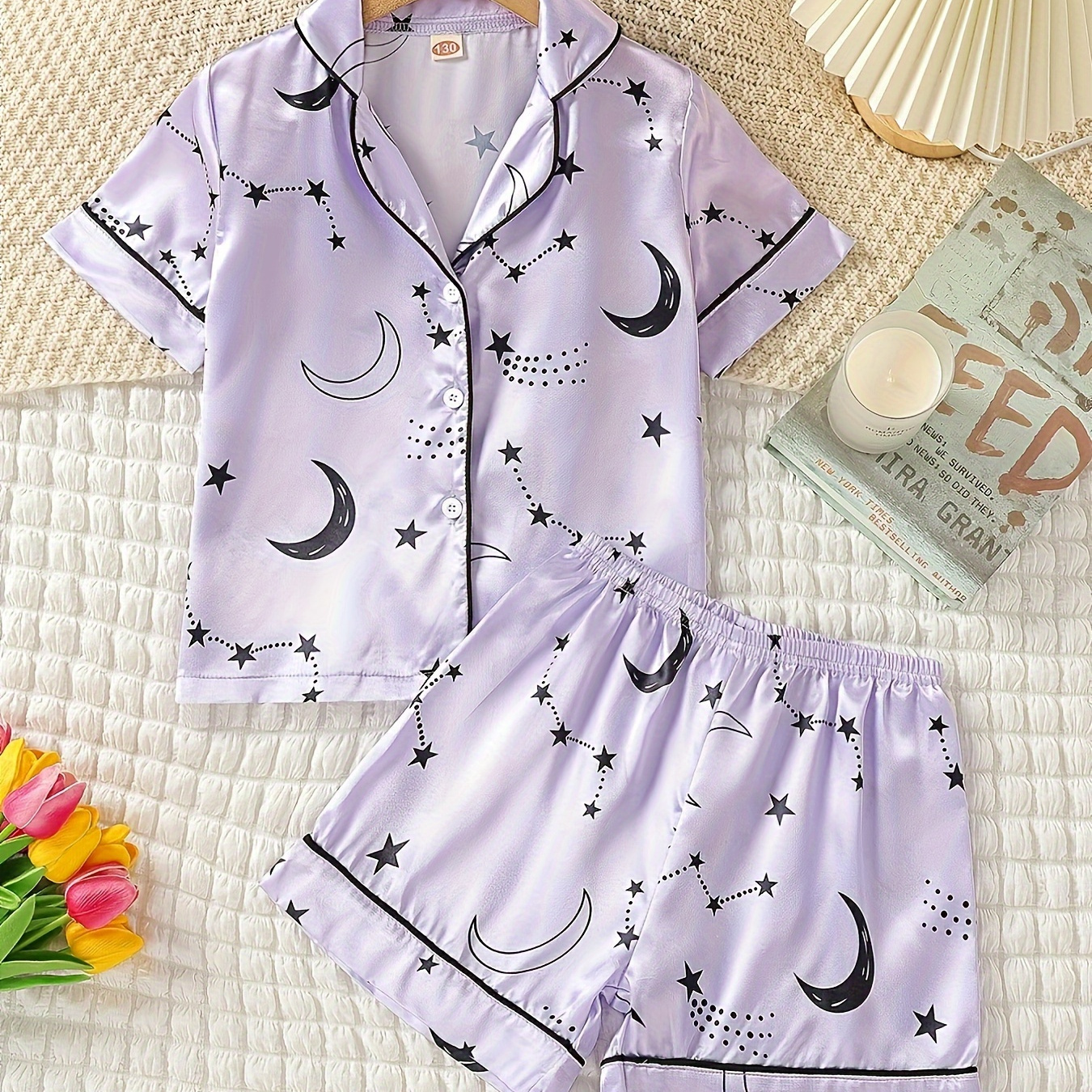 

2pcs Girls Cozy Summer Pajamas, Moon Starry Sky Pattern Short Sleeve Lapel Button Down Cardigan Top & Short Satin Loungewear Comfy Casual Pj Set, Kids' Sleepwear Clothes