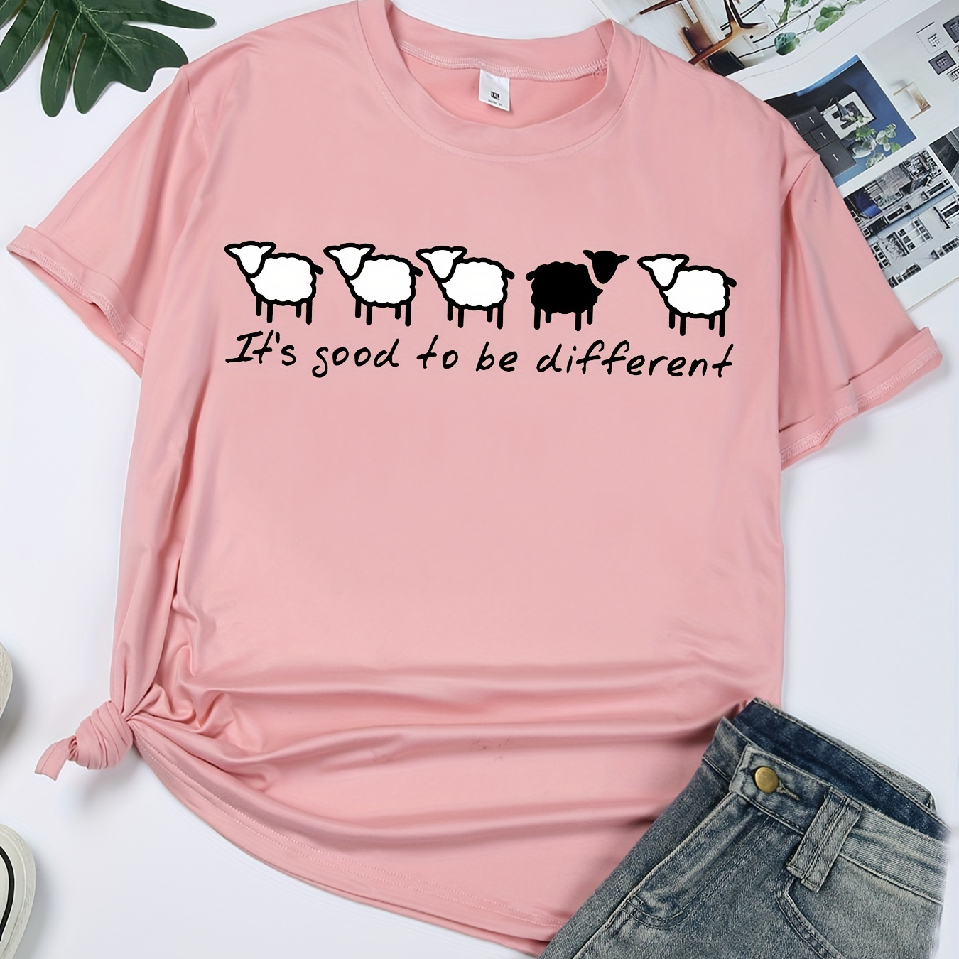 

Women's Casual Sports T-shirt Top, Plus Size Cute Sheep & Slogan Print Stretchy Round Neck Breathable Fabric Short Sleeve Fitness Tee Top