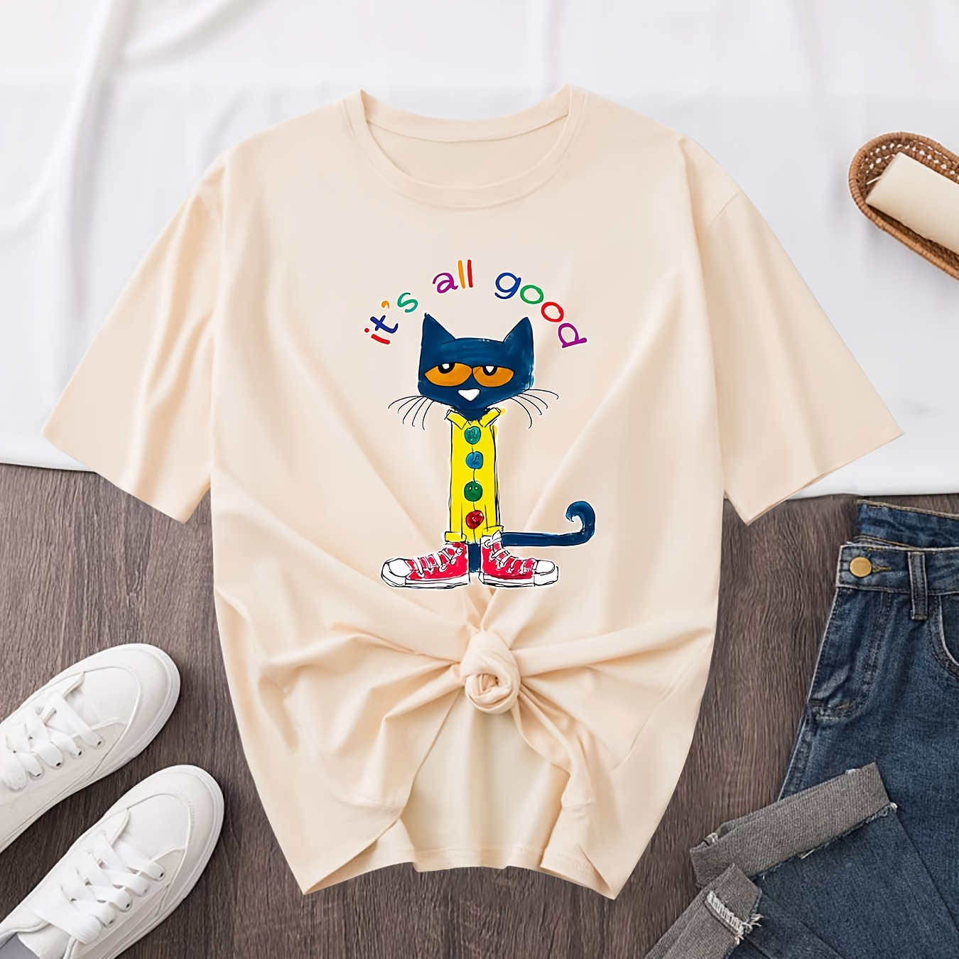 

Plus Size Cat & Letter Print T-shirt, Casual Short Sleeve Top For Spring & Summer, Women's Plus Size Clothing