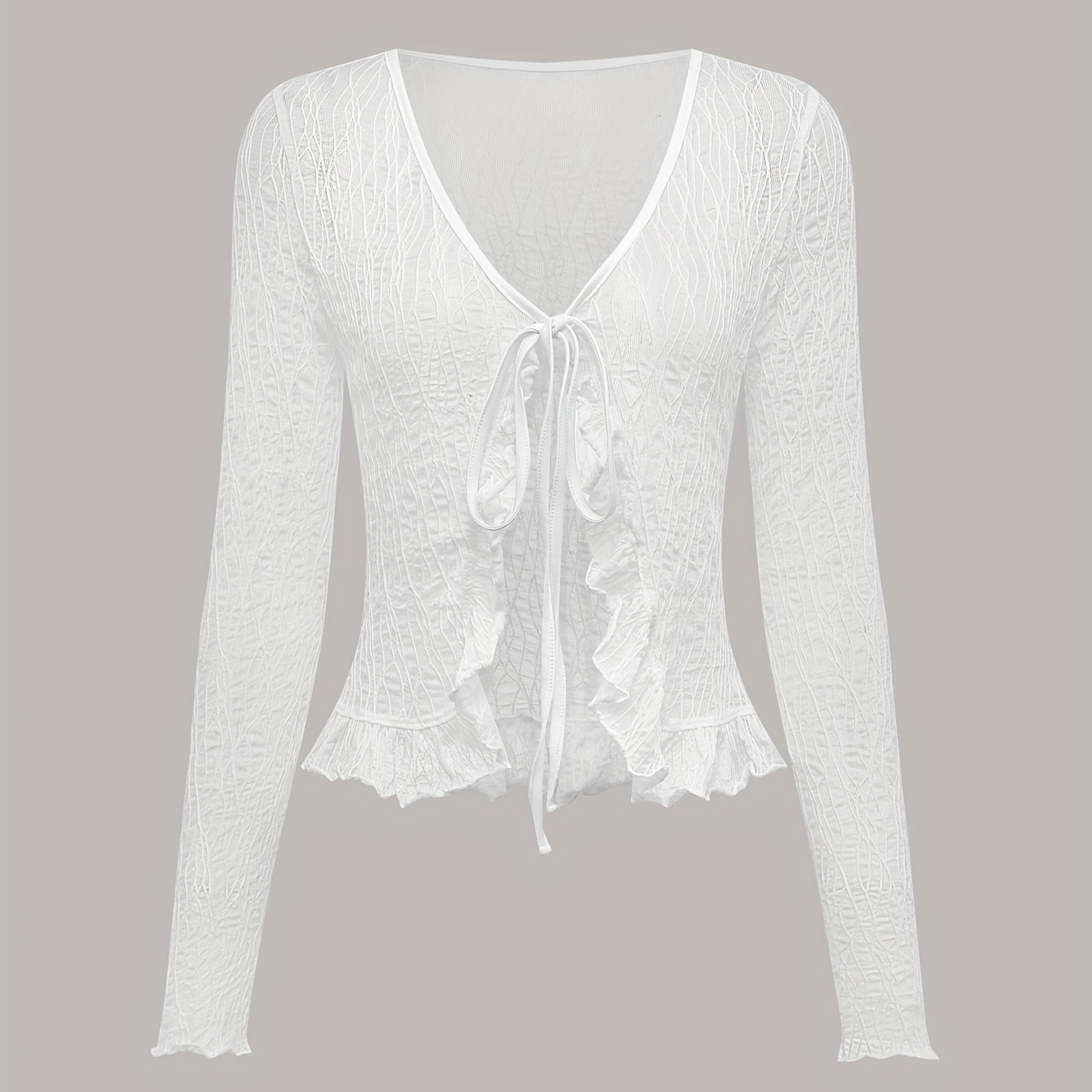 TEMU Bandage Front Ruffle Jacquard Mesh Long-sleeved Top