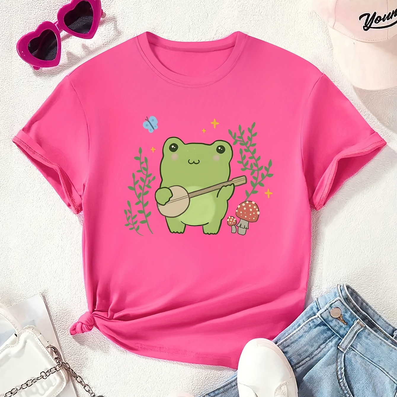 

Cartoon Frog Graphic Print Creative T-shirts, Soft & Elastic Comfy Crew Neck Short Sleeve Tee, Girls' Summer Tops