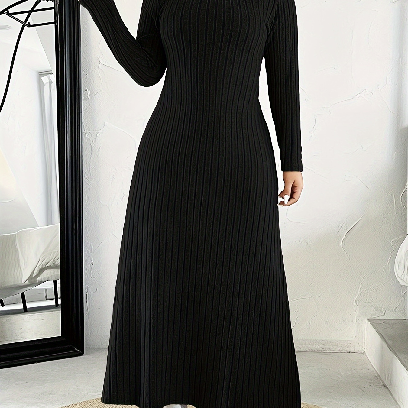 

Plus Size Ribbed Solid Color Mock Neck Dress, Elegant Long Sleeve A-line Ankle Length Dress For Fall & Winter, Women's Plus Size Clothing