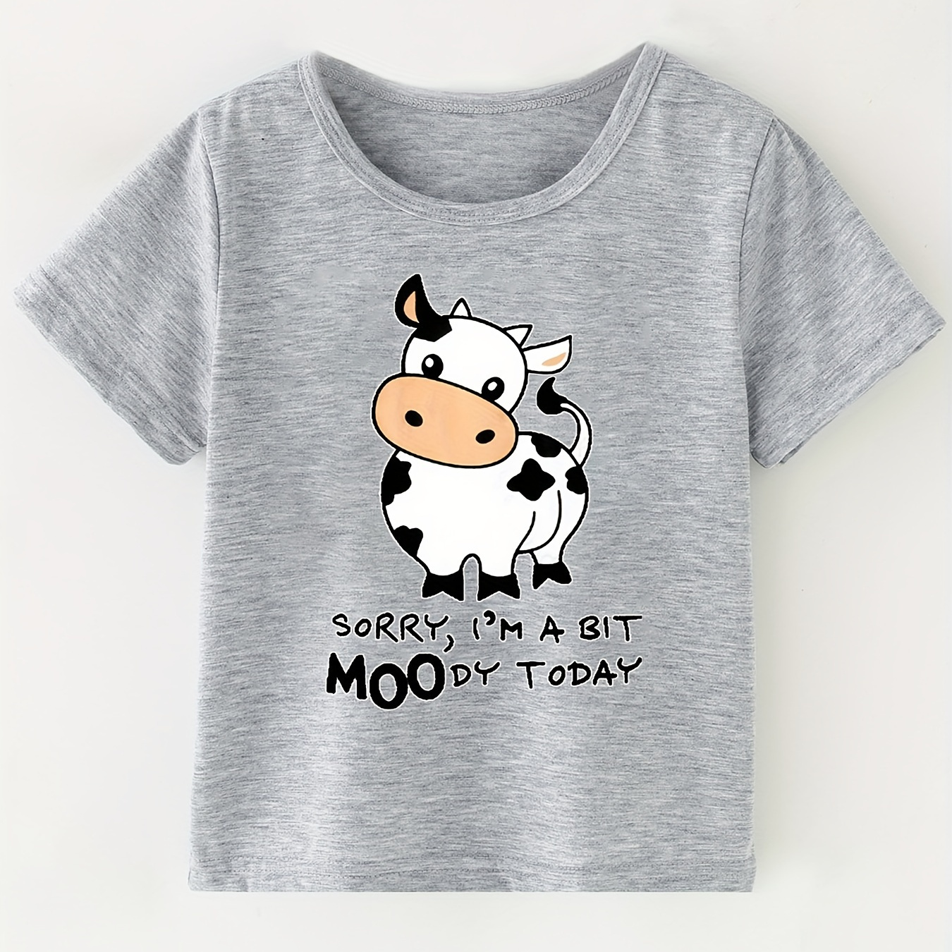 

Sorry, I'm A Bit Moody Today Letter And Cute Cow Print Boys Creative T-shirt, Casual Lightweight Comfy Short Sleeve Tee Tops, Kids Clothings For Summer