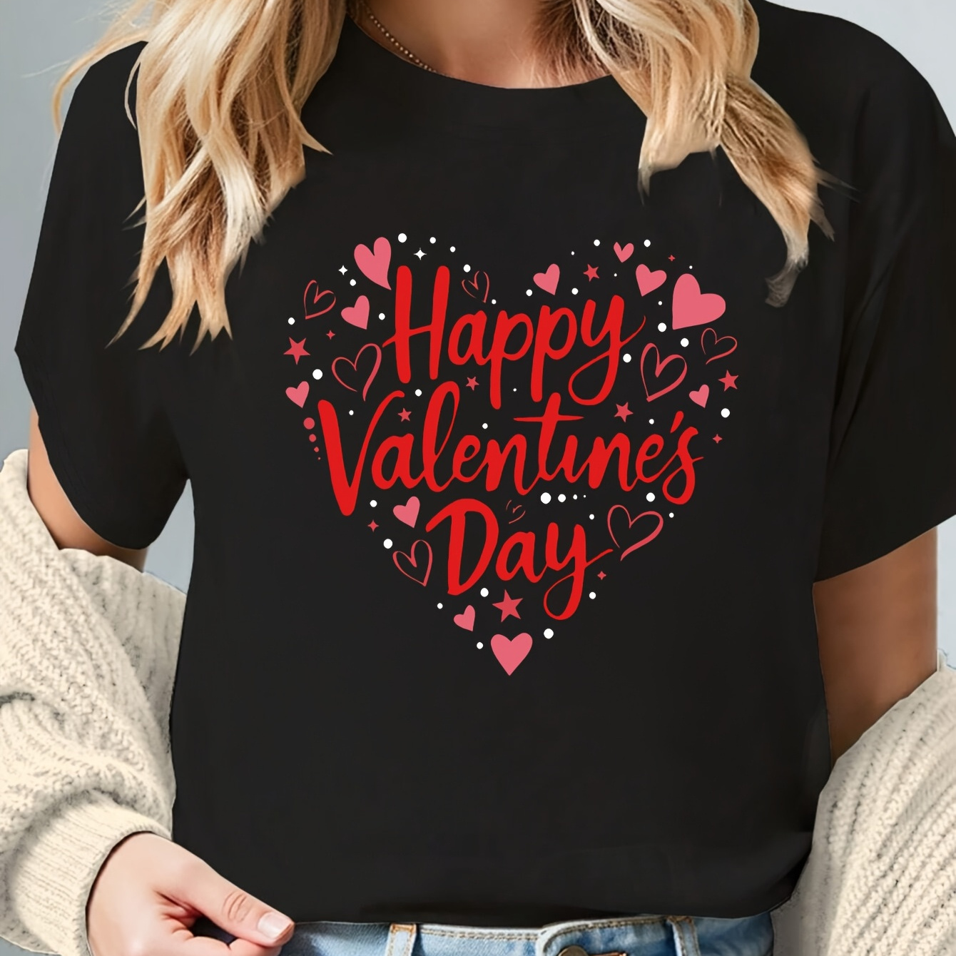 

Stretchable Fit | Women's "happy Valentine's Day" - Casual Crew Neck, Short Sleeve With Red Heart And , Polyester , Machine Washable