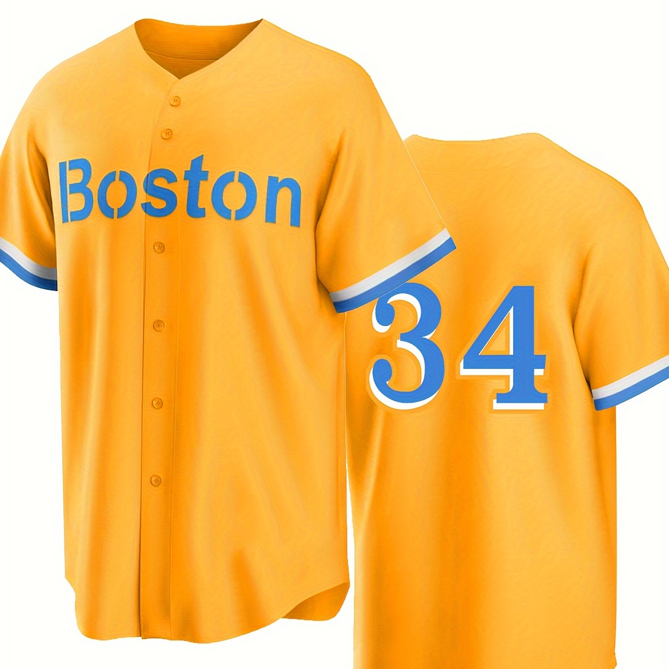 

Men's Boston #34 Yellow Baseball Shirt With Classic Letter Embroidery Design, Button Style Short Sleeved Breathable Shirt, For Training And Competition Use