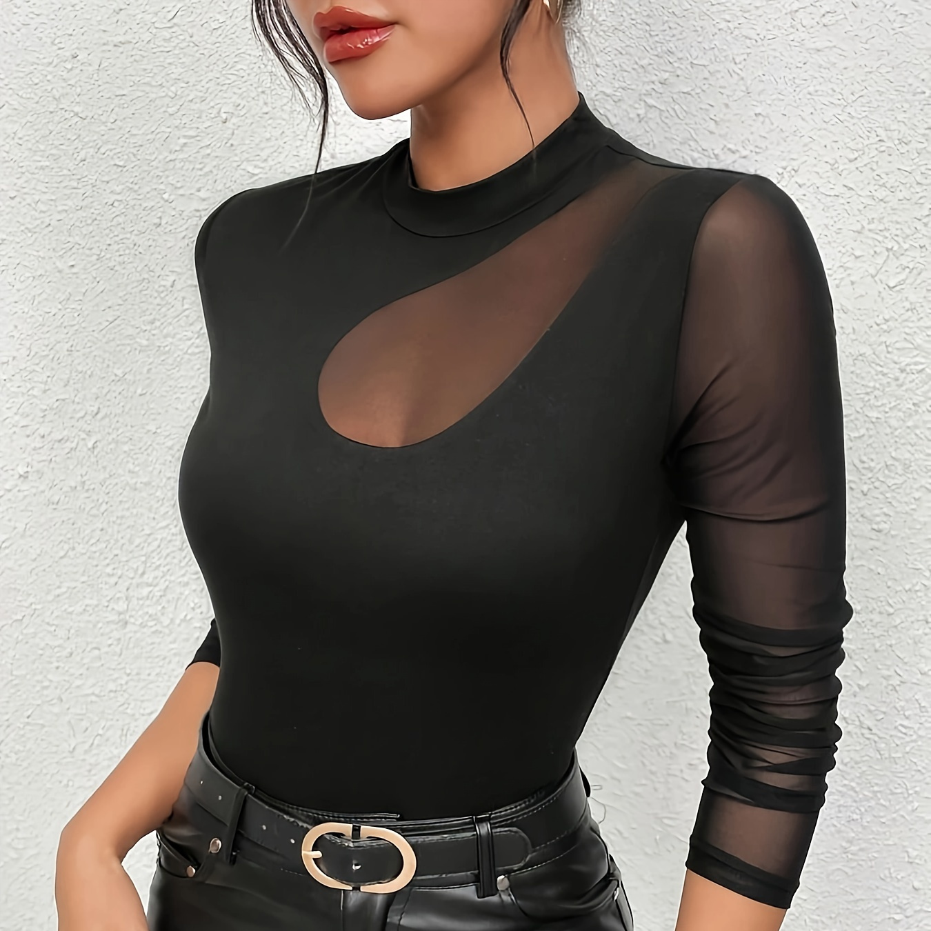 

Contrast Mesh Long Sleeve Solid T-shirt, Elegant Crew Neck Asymmetrical Top For Spring & Fall, Women's Clothing