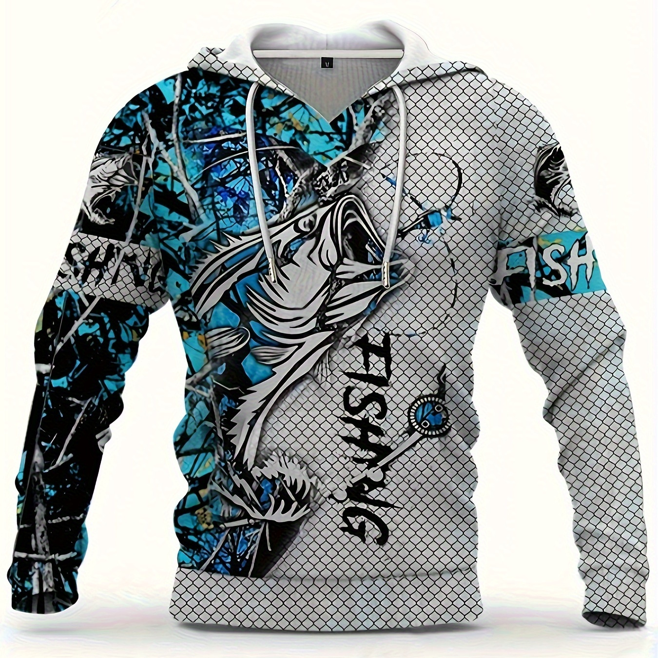 Animals Print Pocket Long Sleeve Sweatshirt, Men's Casual Fishing Pattern 3D Hooded Sweatshirt,Temu