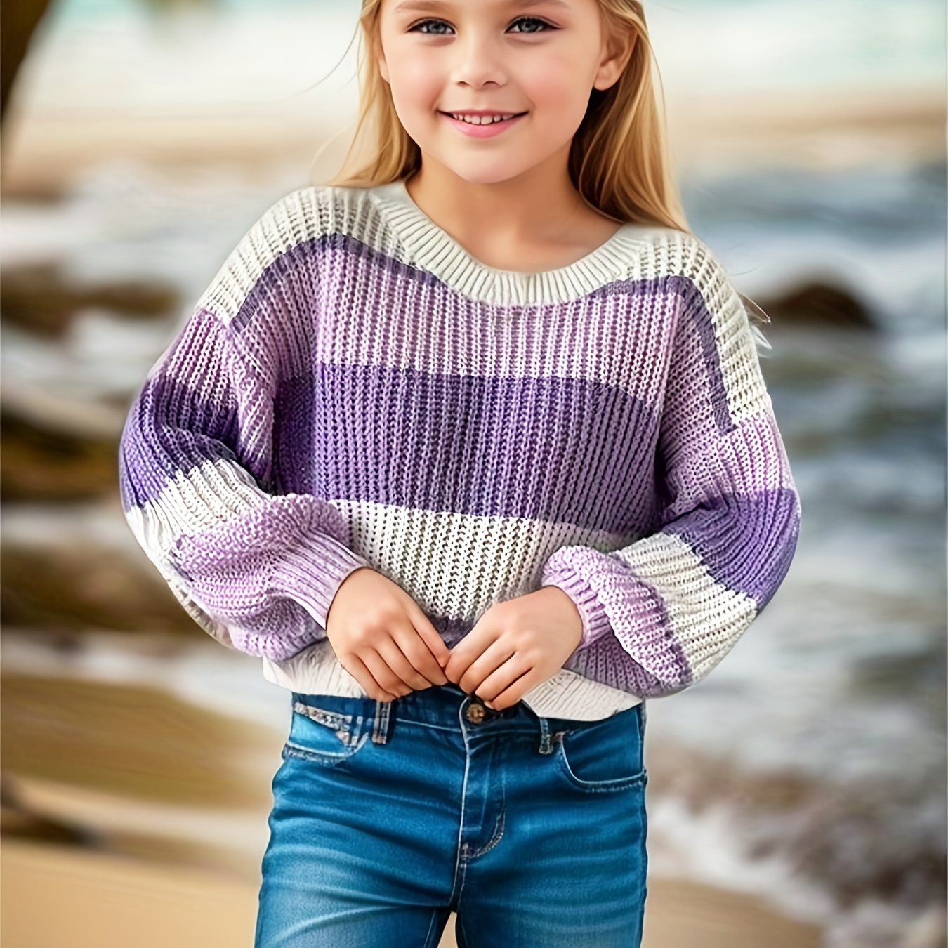 

Girls Trendy Color Block Striped Round Neck Drop Shoulder Sweater Knitted Tops
