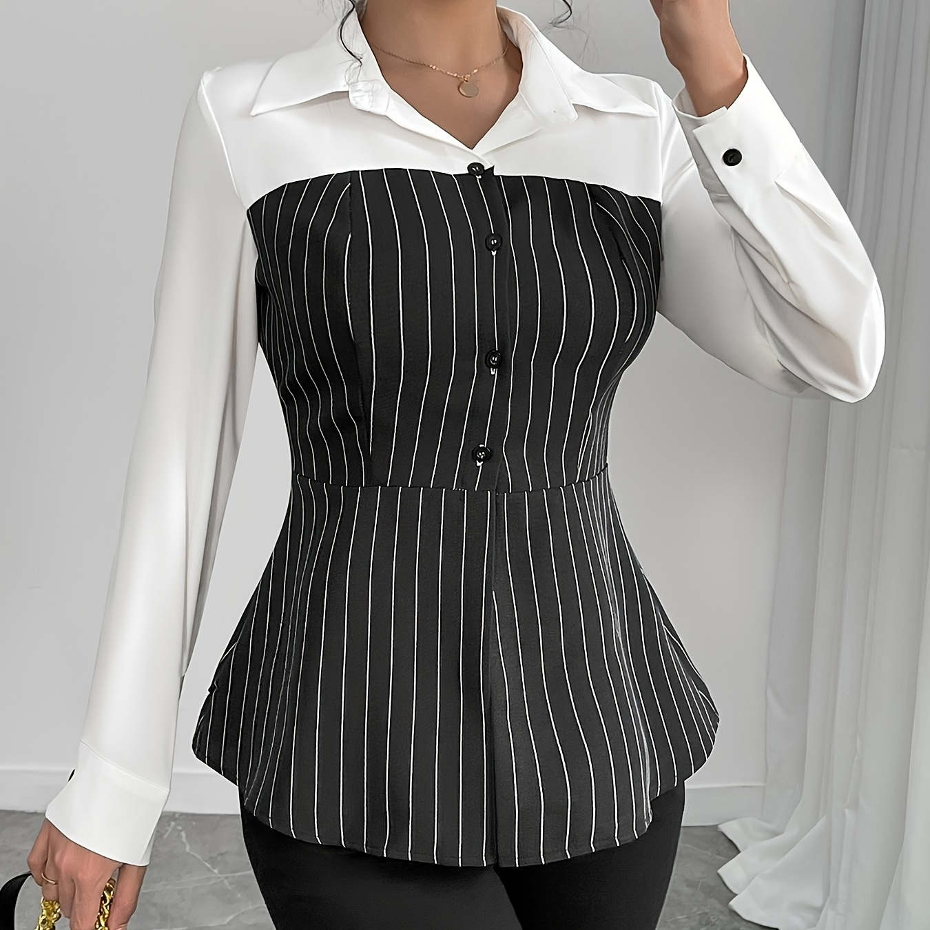 

Elegant Striped Color Block Long Sleeve Blouse For Women, Polyester, Machine Washable, Spring/autumn, Wilderness, Casual Shirt, Elegant Style, Leisure Outing Occasion, The Body Version, Spring/autumn