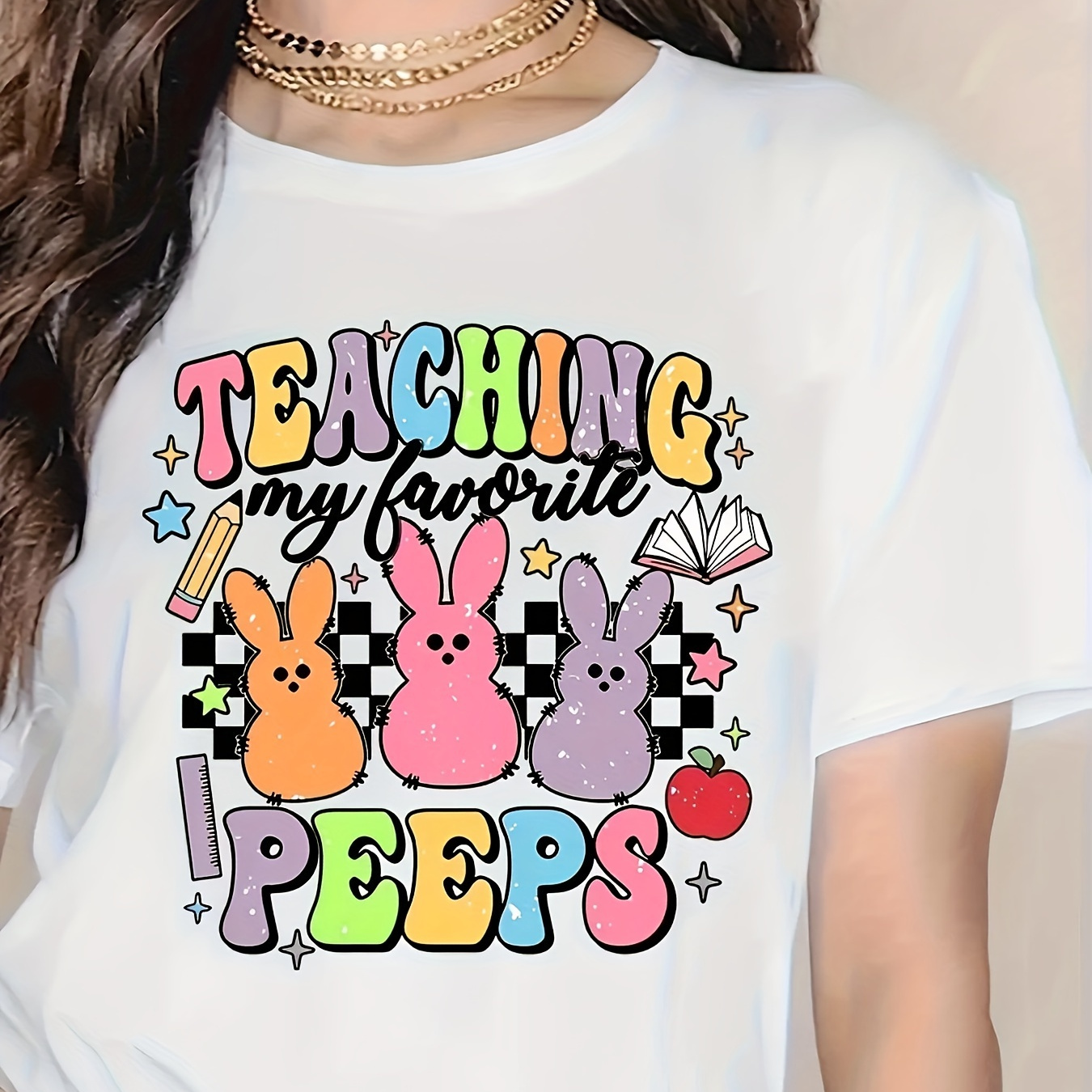 

Women's Polyester Casual Crew Neck T-shirt With Medium Stretch, Regular Short Sleeve Length, And Cute Animal Print Featuring "teaching " Graphic Design