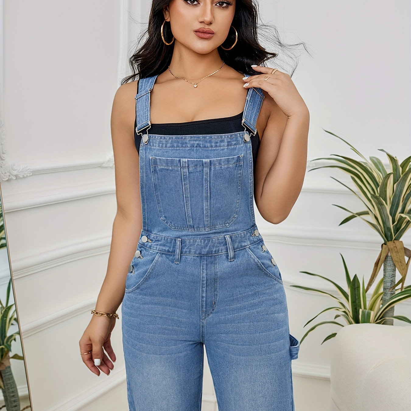 

Plain Washed Blue Loose Fit Casual Denim Overall Dungarees, Women's Denim Jeans & Clothing