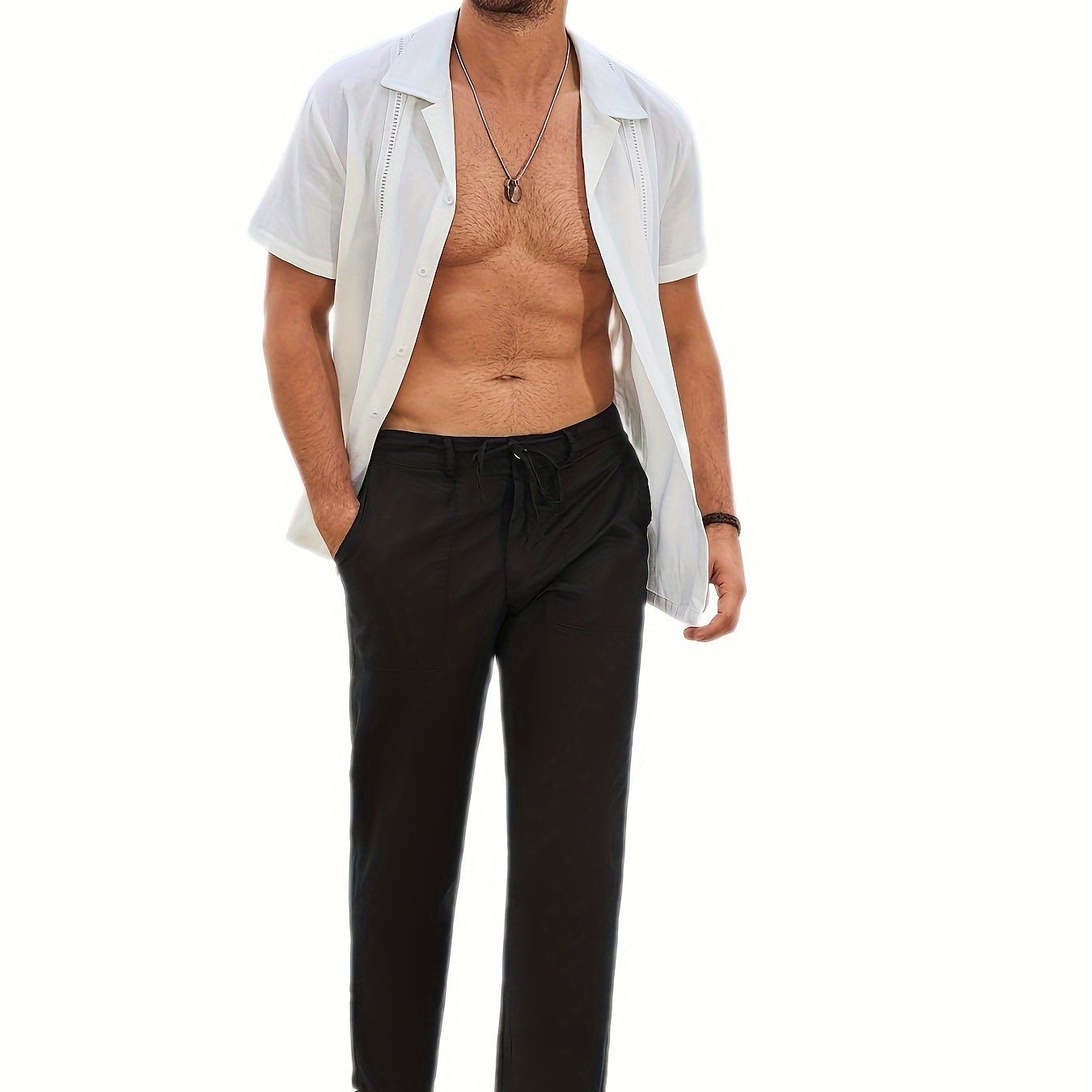 

Men's Casual Cotton And Linen Blend Pants, Straight-leg With Elastic Waist, Comfort Fit Trousers For Everyday Wear