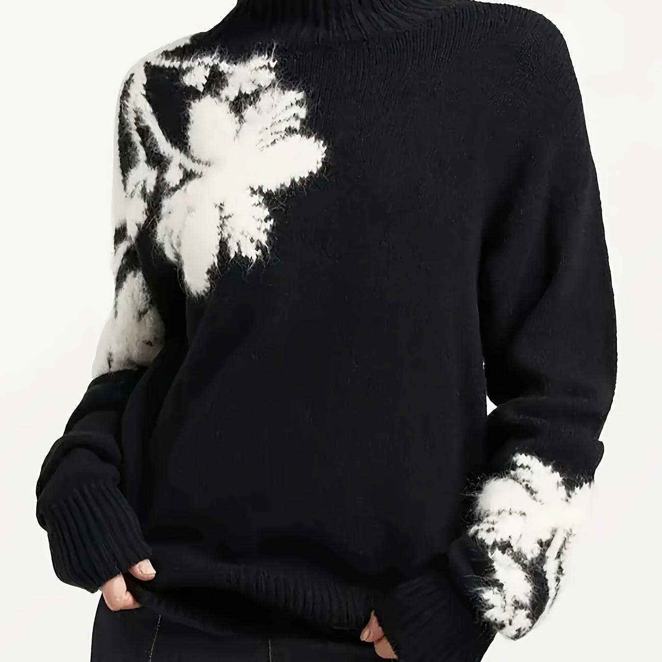 

Elegant Floral Jacquard High-neck Pullover Sweater For Women - 100% Acrylic Knit Fabric, Long Sleeve, Ribbed Detail, Regular Fit - Fall/winter Collection