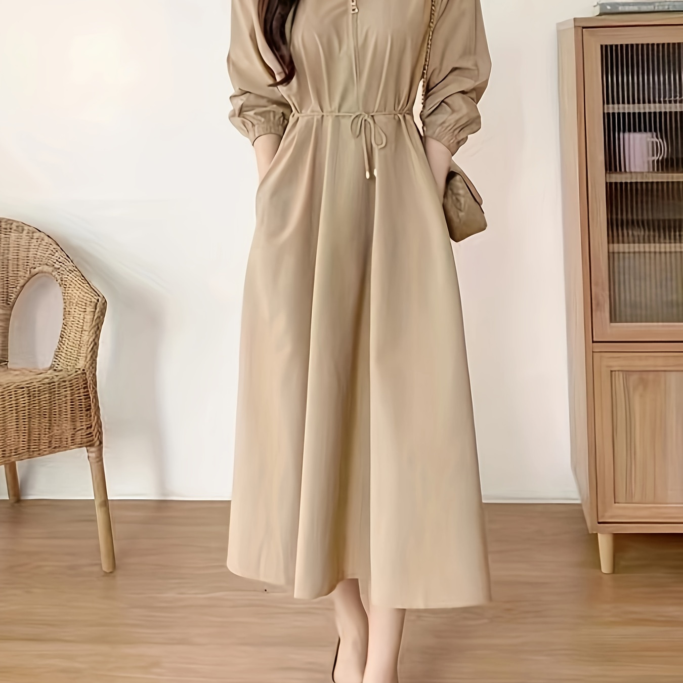 

Robe Midi Élégante Unie avec Fermeture Éclair et Ceinture - Manches Longues, Col, Polyester - Lavable en Machine - Parfaite pour Toutes les