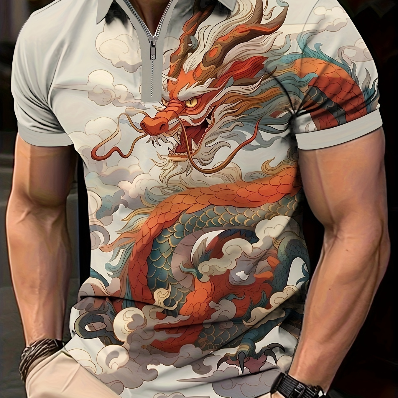 

Men's Casual Dragon Print Lapel 1/4 Zipper Short Sleeve Shirt For Men's Fitness Training